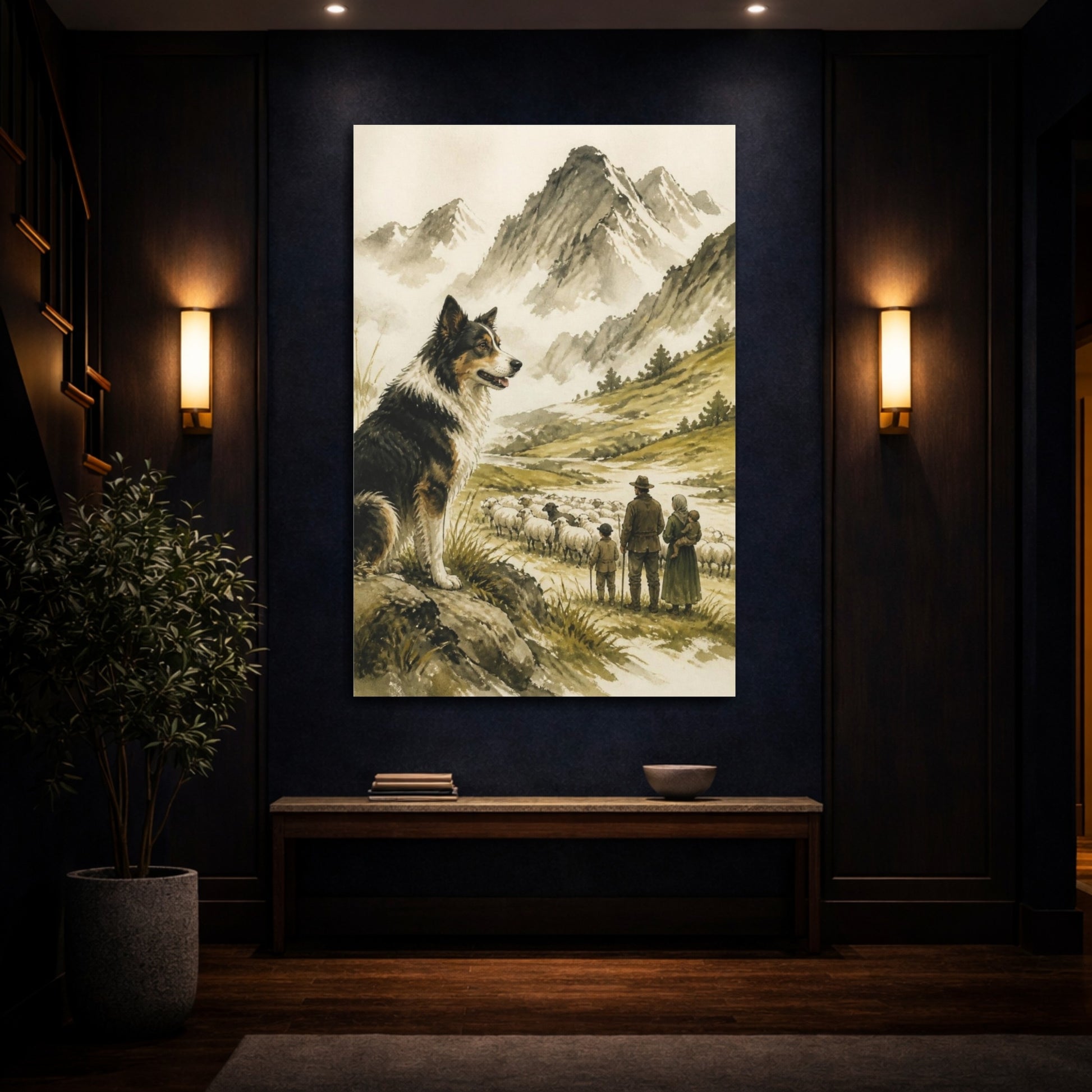 Mockup 4. Sheepdog Pets In Mountain Pasture shown as canvas print