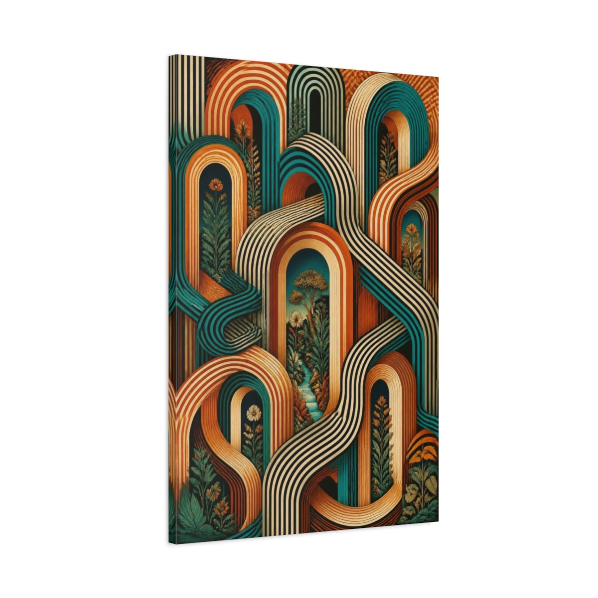 Main Mockup. Sienna Turquoise Arches Illusion shown as canvas print