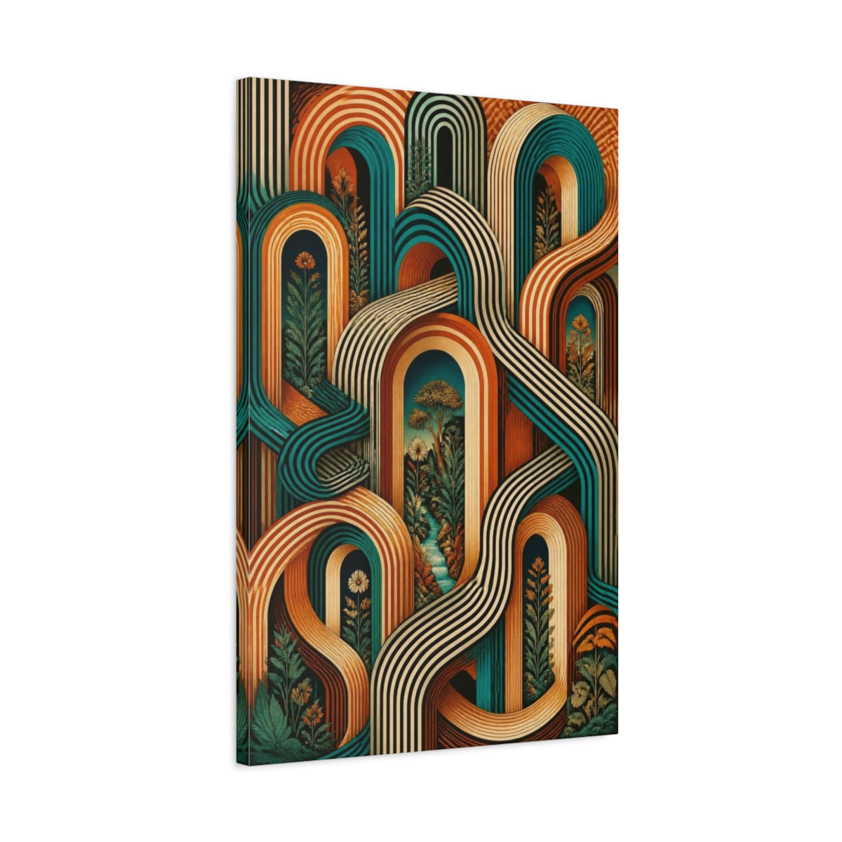 Side Mockup 2. Sienna Turquoise Arches Illusion shown as canvas print