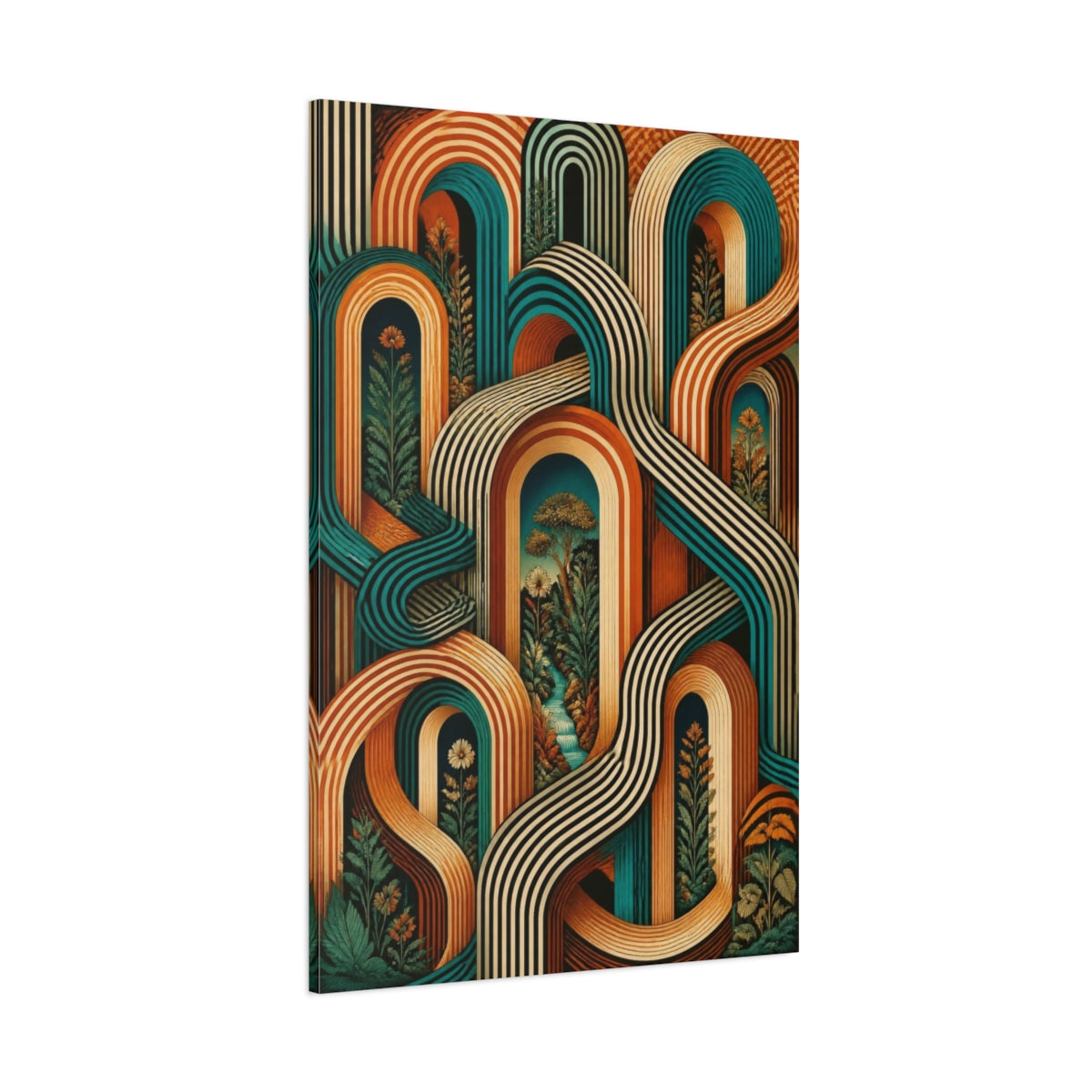 Side Mockup 1. Sienna Turquoise Arches Illusion shown as canvas print