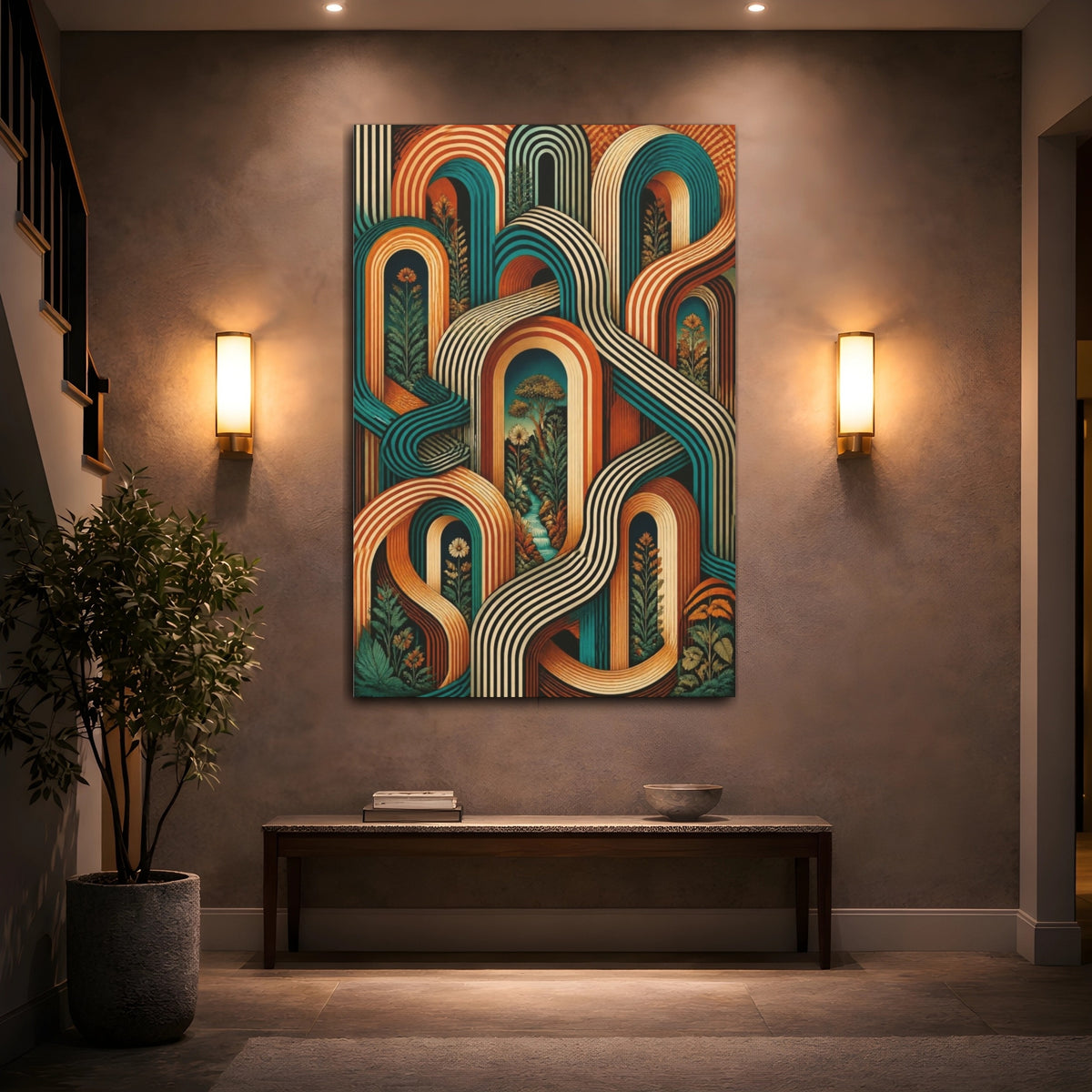 Mockup 2. Sienna Turquoise Arches Illusion shown as canvas print