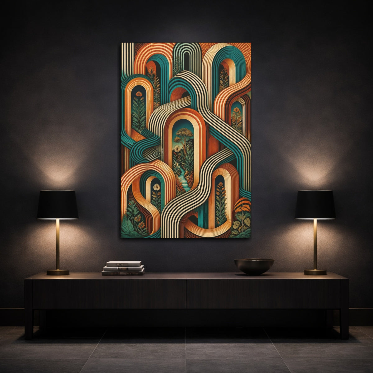 Mockup 3. Sienna Turquoise Arches Illusion shown as canvas print