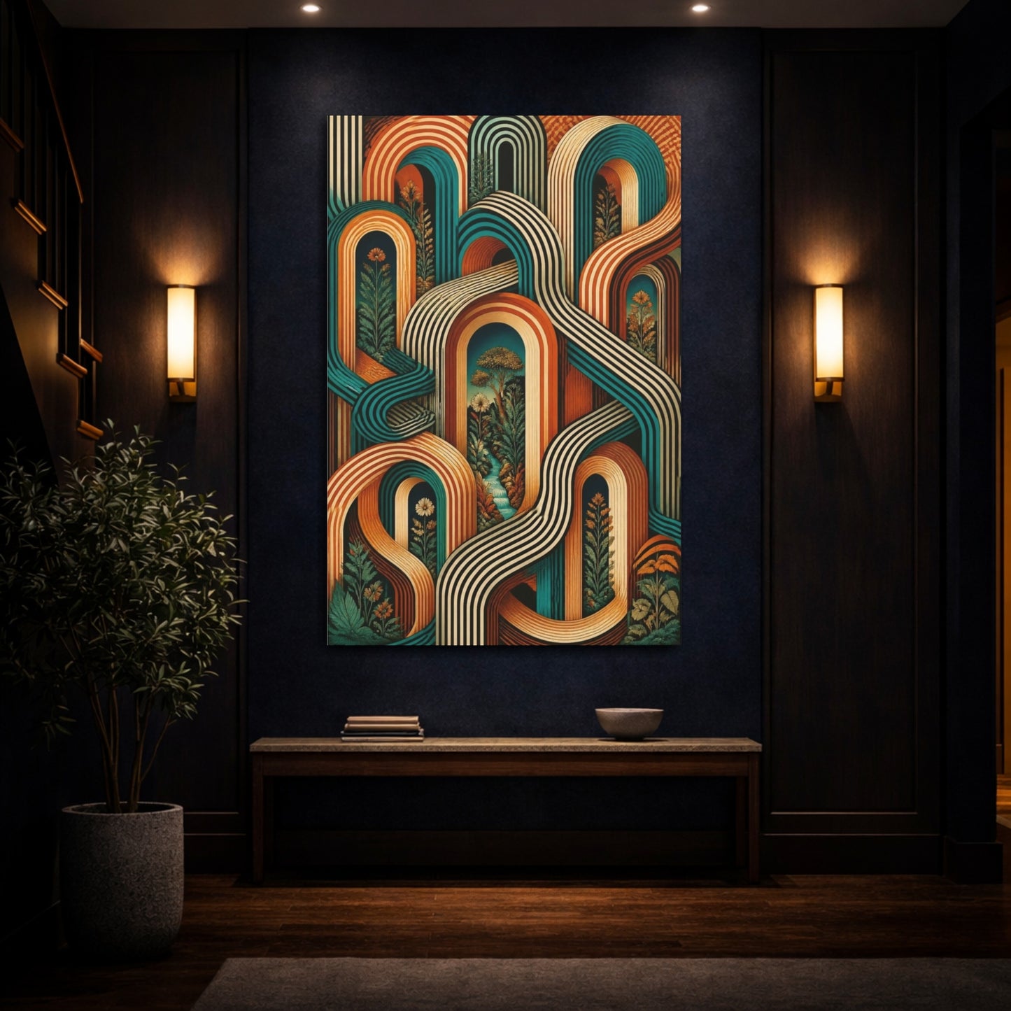 Mockup 4. Sienna Turquoise Arches Illusion shown as canvas print