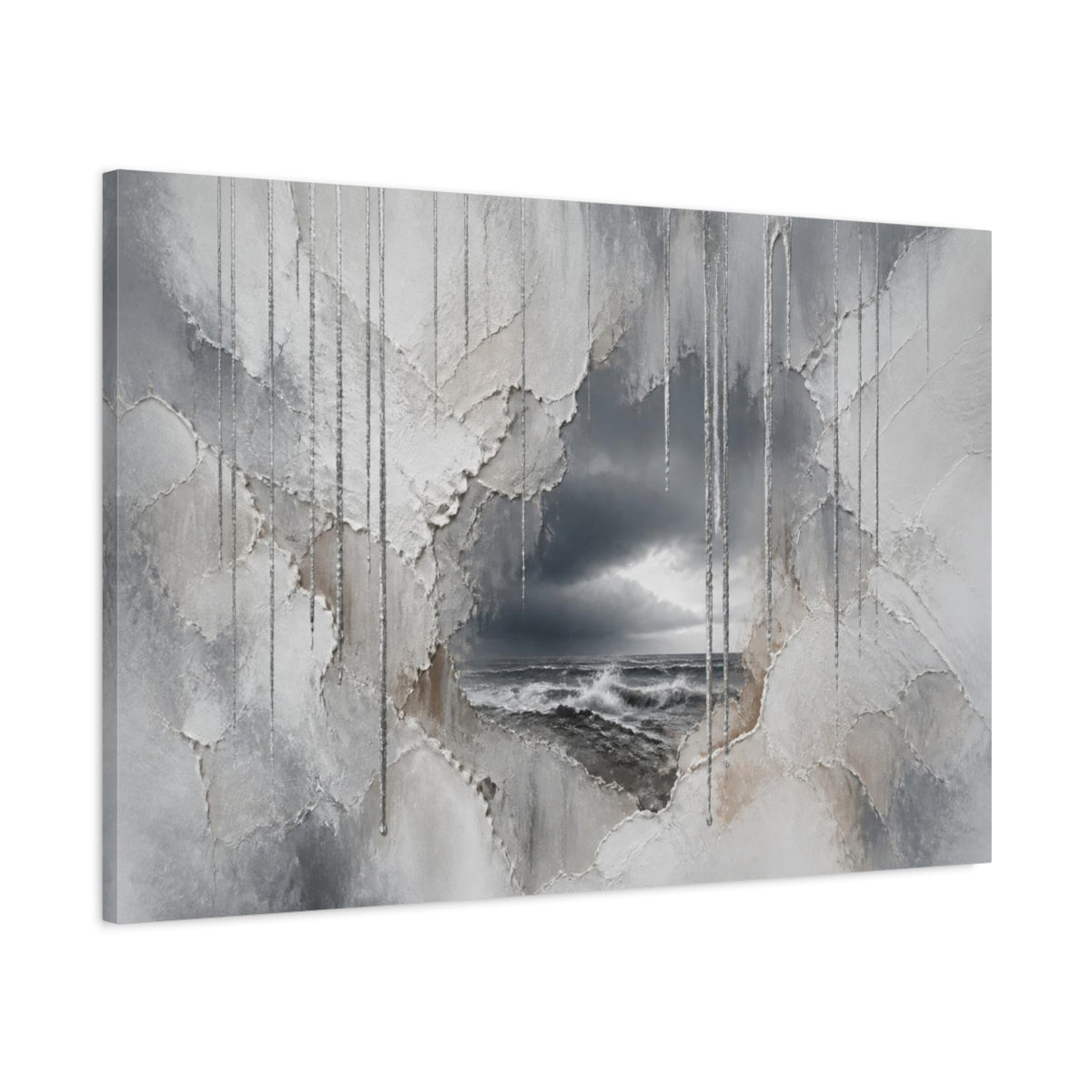 Main Mockup. Silver Rain Over Stormy Sea shown as canvas print