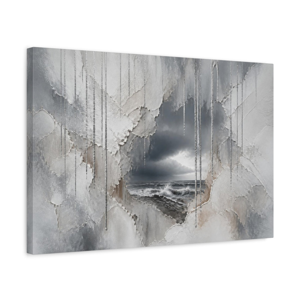 Side Mockup 3. Silver Rain Over Stormy Sea shown as canvas print