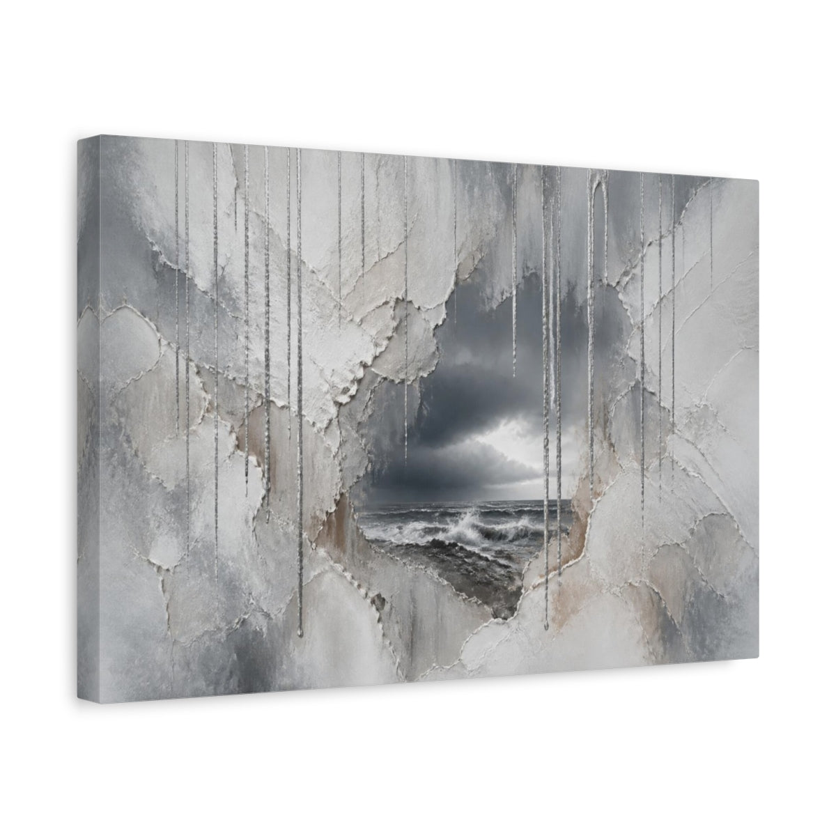 Side Mockup 4. Silver Rain Over Stormy Sea shown as canvas print