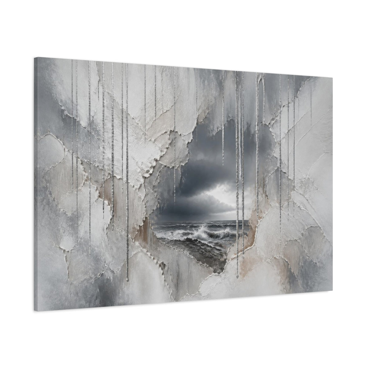 Side Mockup 1. Silver Rain Over Stormy Sea shown as canvas print