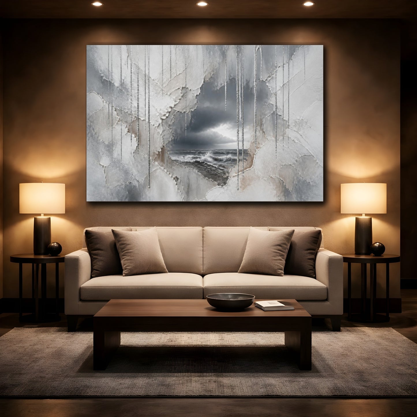 Mockup 2. Silver Rain Over Stormy Sea shown as canvas print