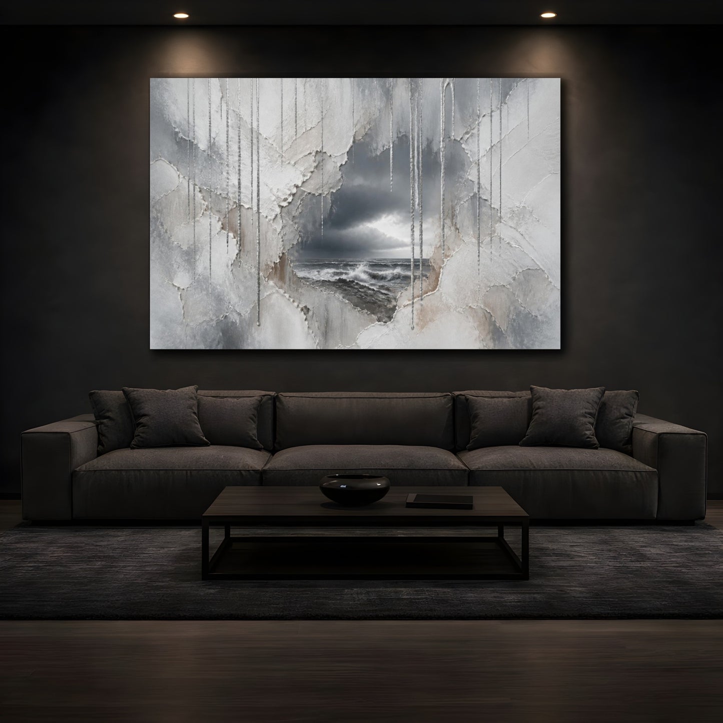 Mockup 3. Silver Rain Over Stormy Sea shown as canvas print