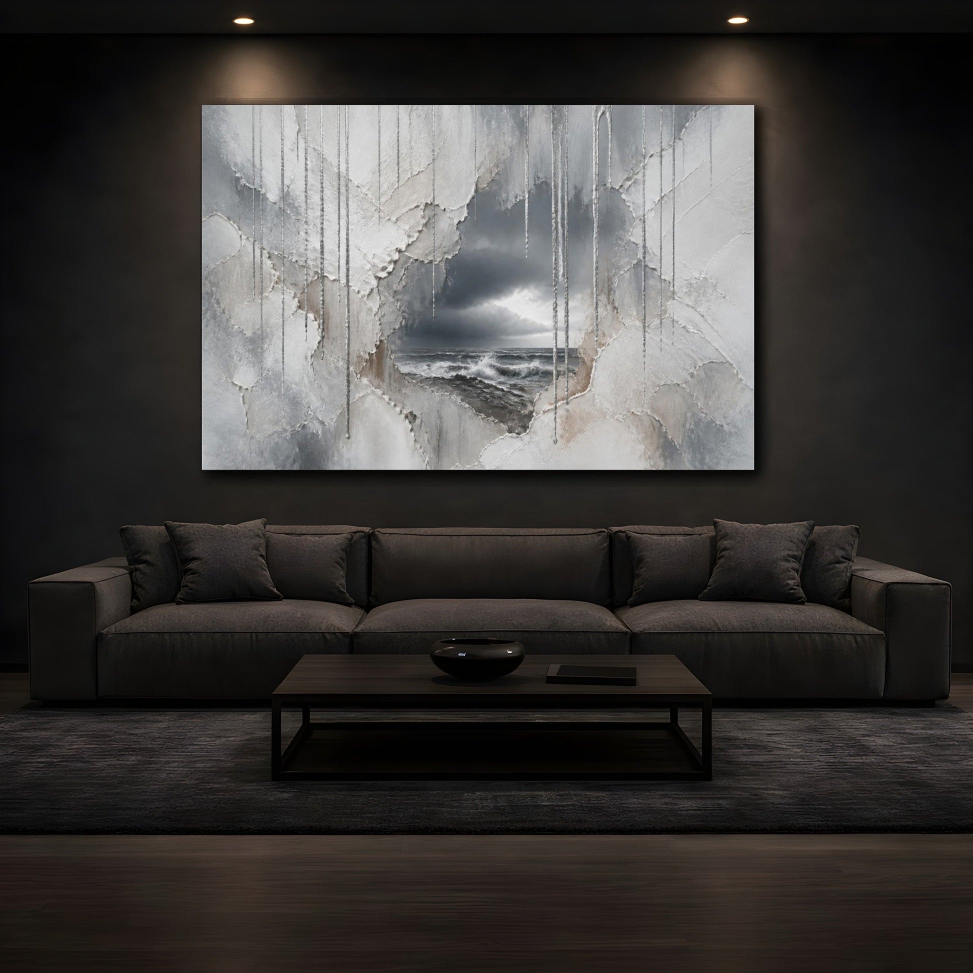 Mockup 3. Silver Rain Over Stormy Sea shown as canvas print