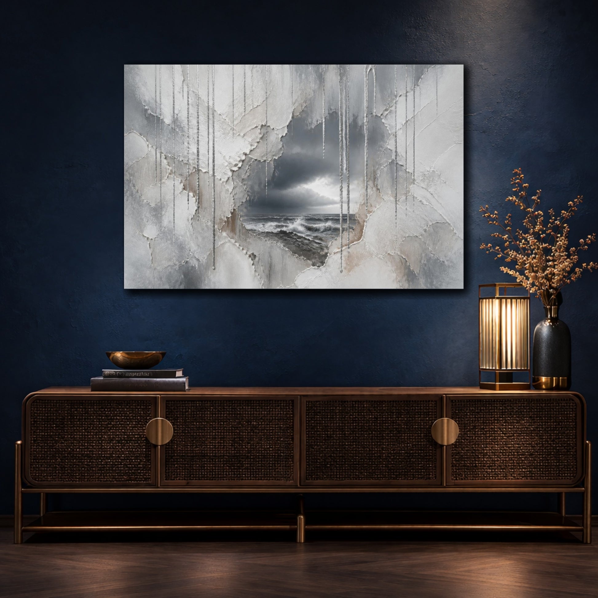 Mockup 4. Silver Rain Over Stormy Sea shown as canvas print