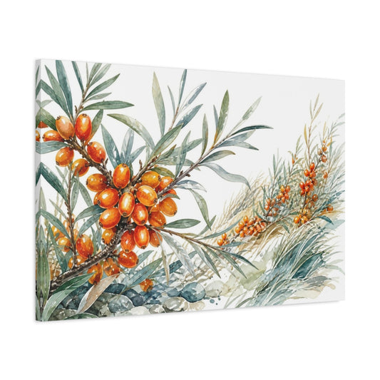 Main Mockup. Silvery Sea Buckthorn Berries shown as canvas print