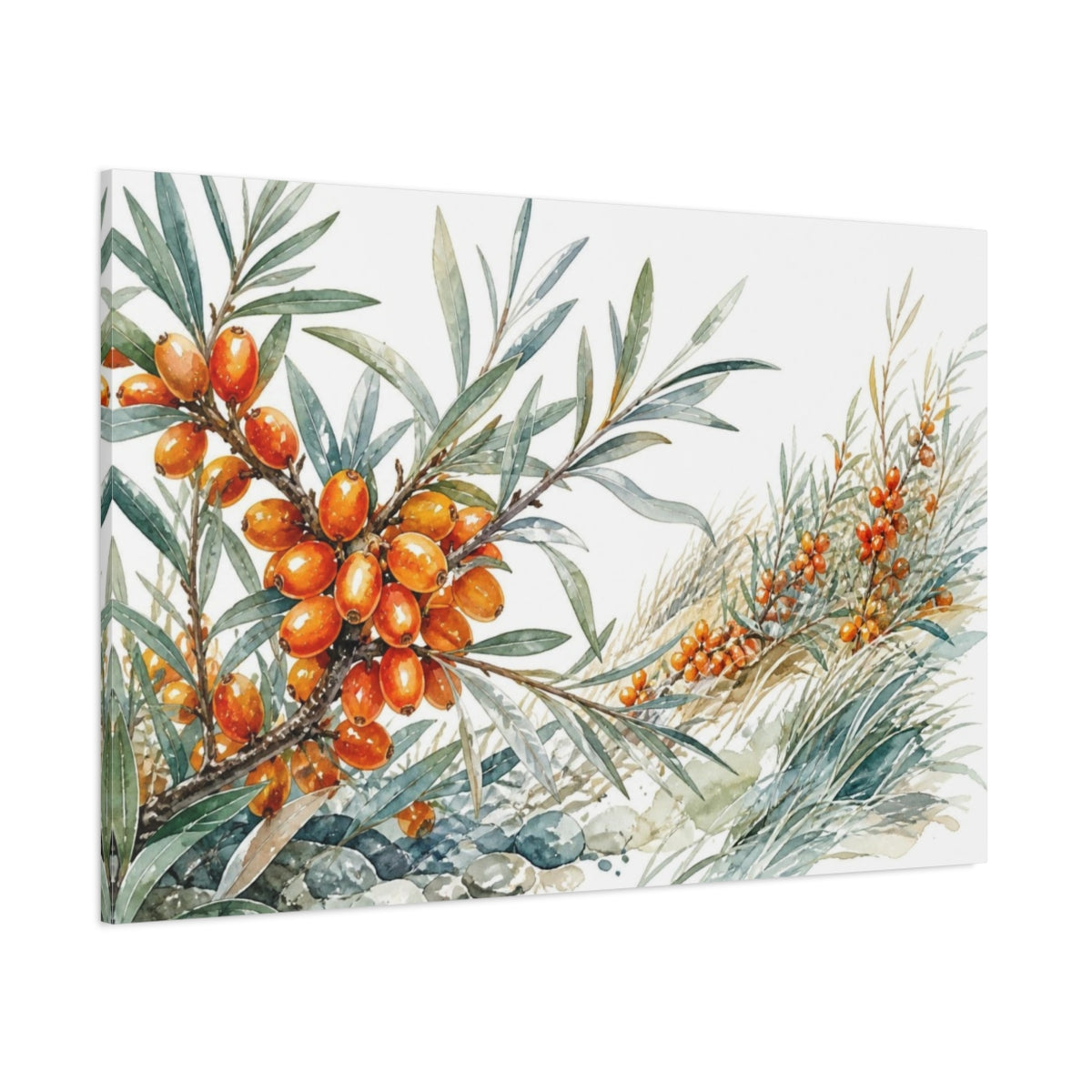 Side Mockup 1. Silvery Sea Buckthorn Berries shown as canvas print