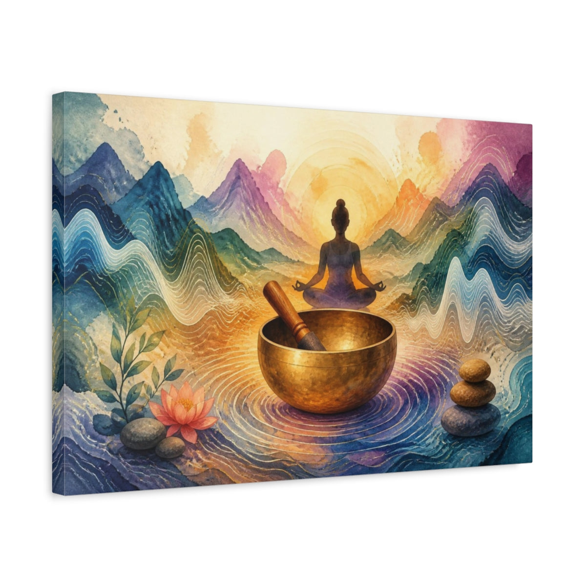Side Mockup 3. Singing Bowl Yoga shown as canvas print