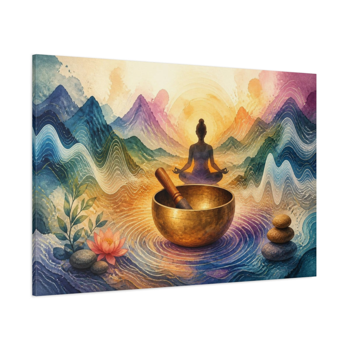 Side Mockup 1. Singing Bowl Yoga shown as canvas print