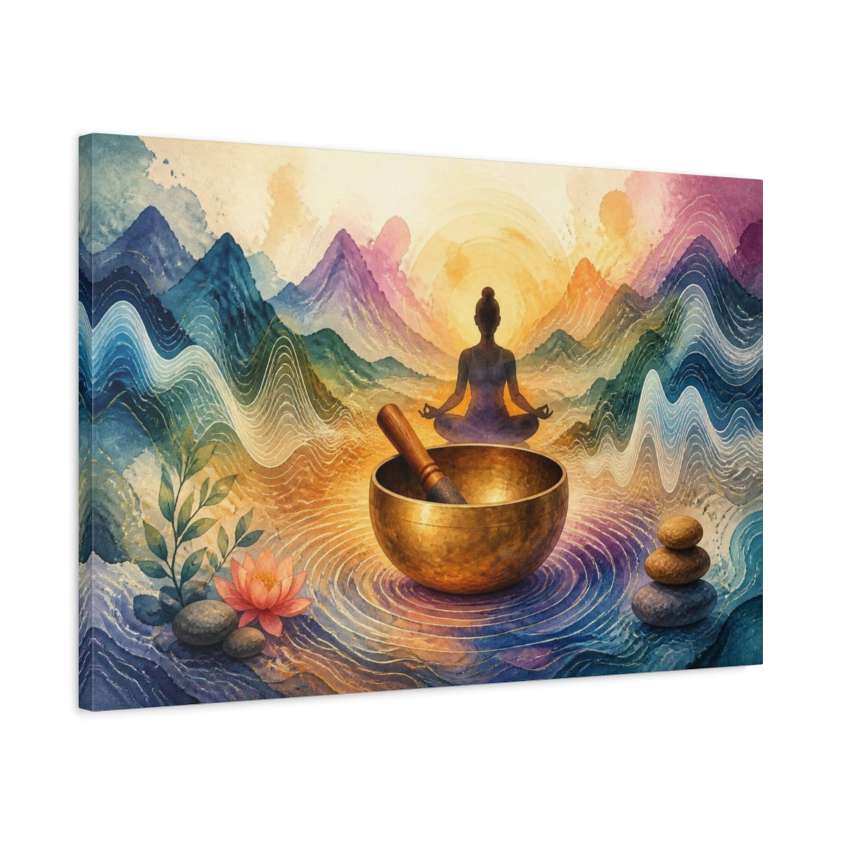 Side Mockup 2. Singing Bowl Yoga shown as canvas print