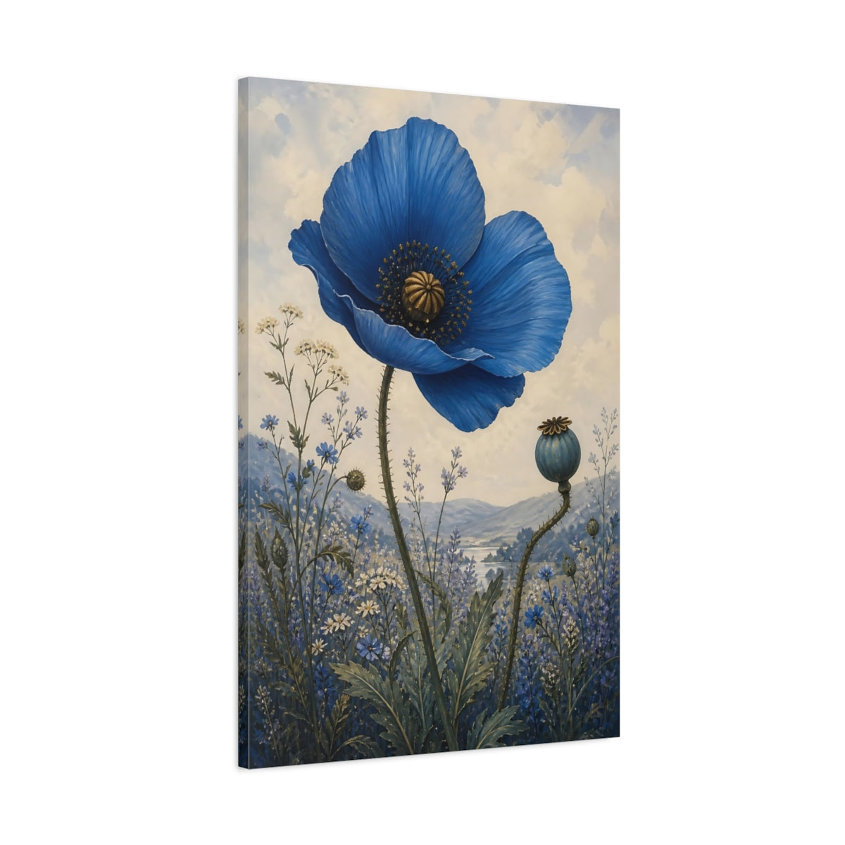 Main Mockup. Single Blue Poppy Flower shown as canvas print