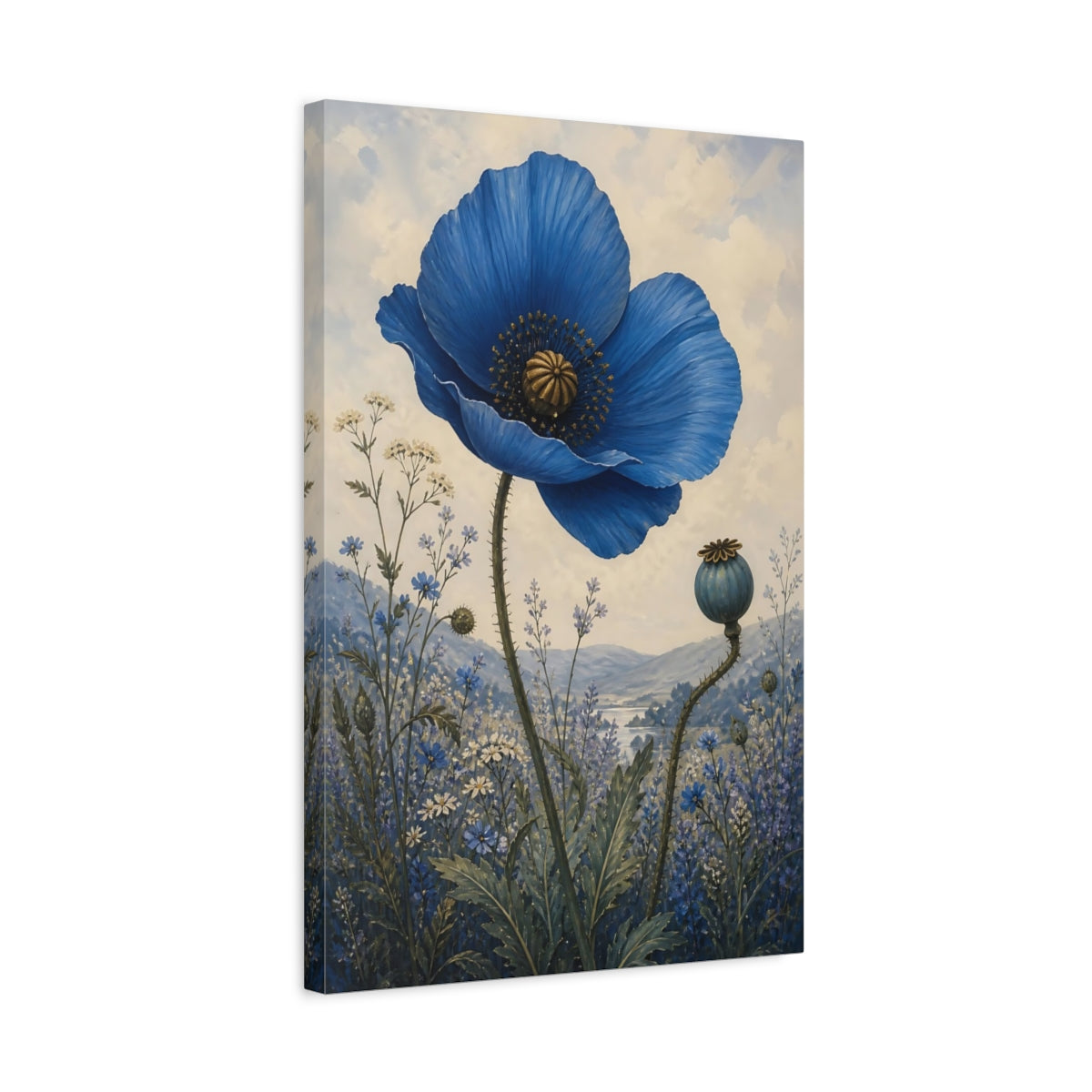 Side Mockup 3. Single Blue Poppy Flower shown as canvas print