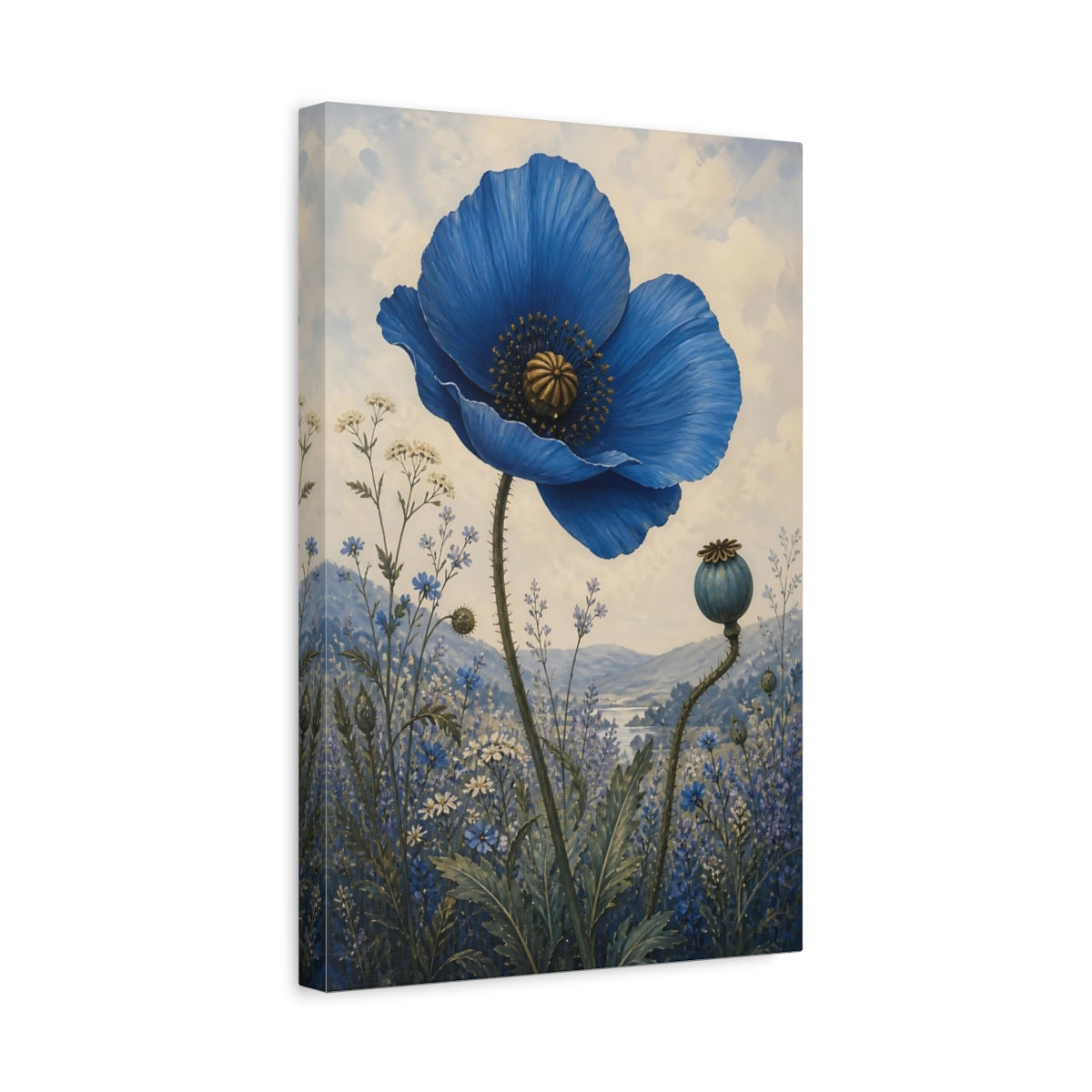 Side Mockup 4. Single Blue Poppy Flower shown as canvas print