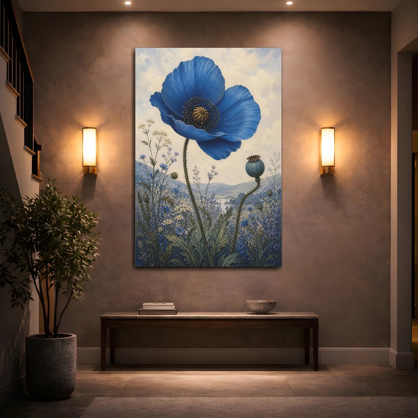Mockup 2. Single Blue Poppy Flower shown as canvas print