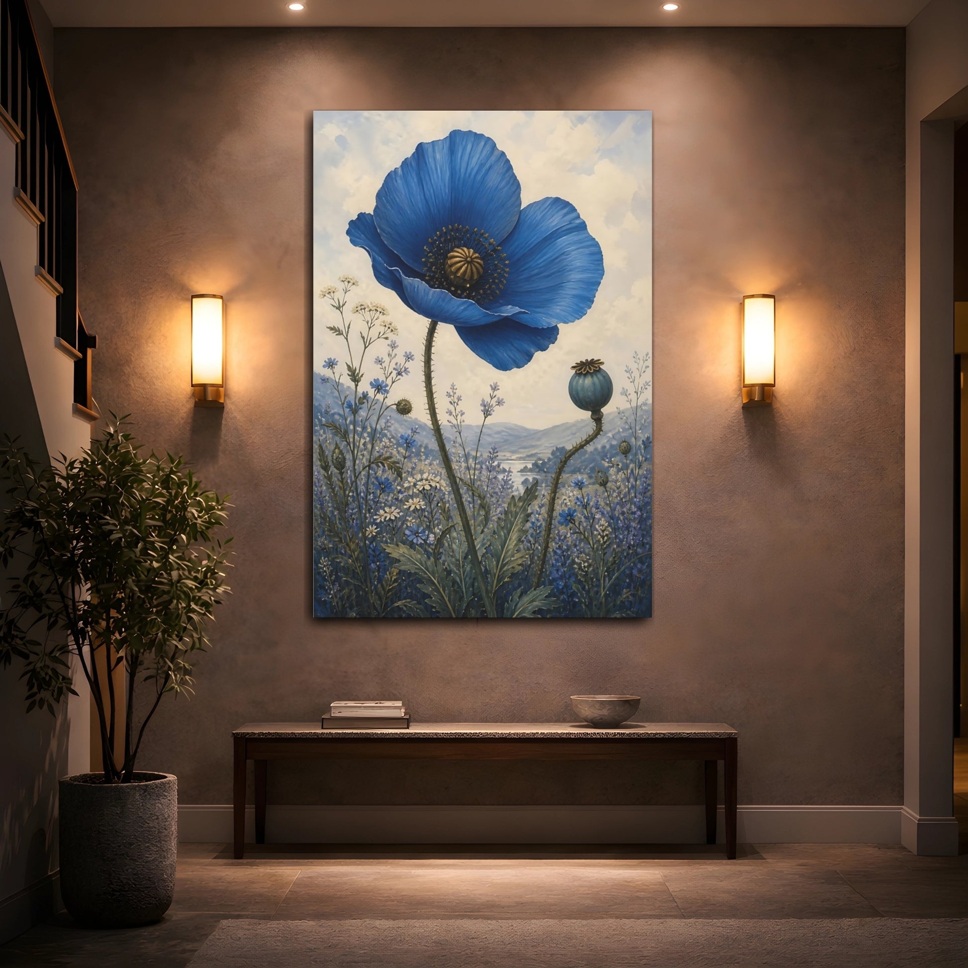 Mockup 2. Single Blue Poppy Flower shown as canvas print