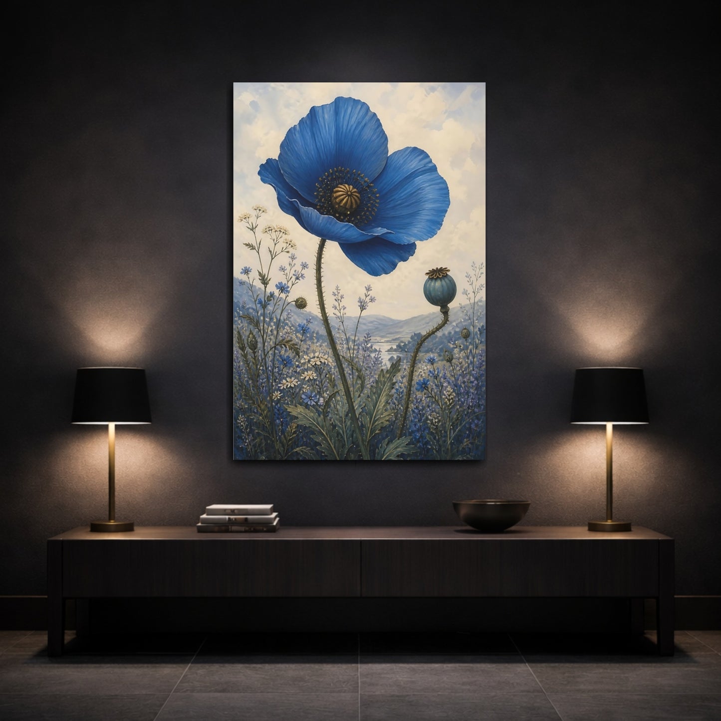Mockup 3. Single Blue Poppy Flower shown as canvas print
