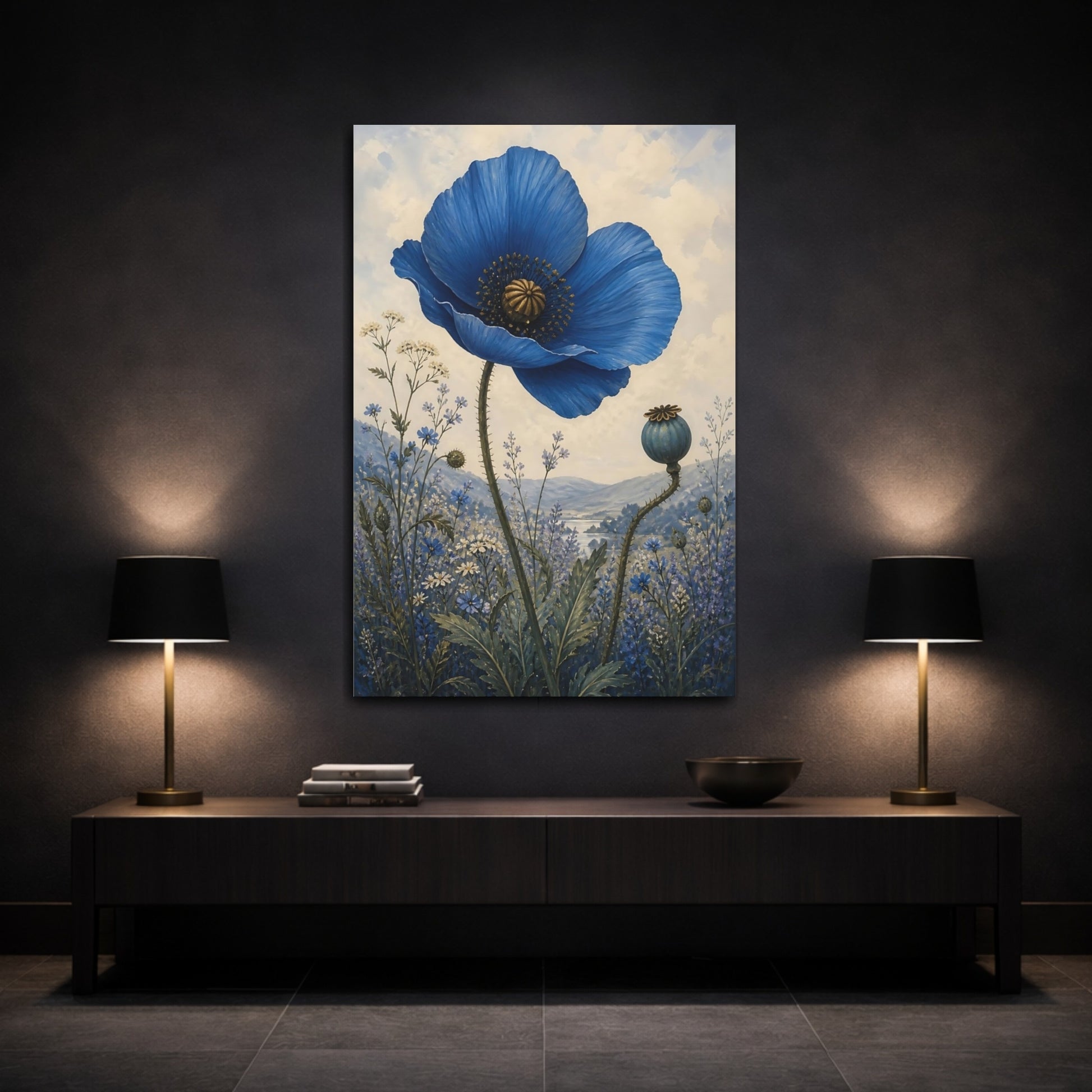 Mockup 3. Single Blue Poppy Flower shown as canvas print