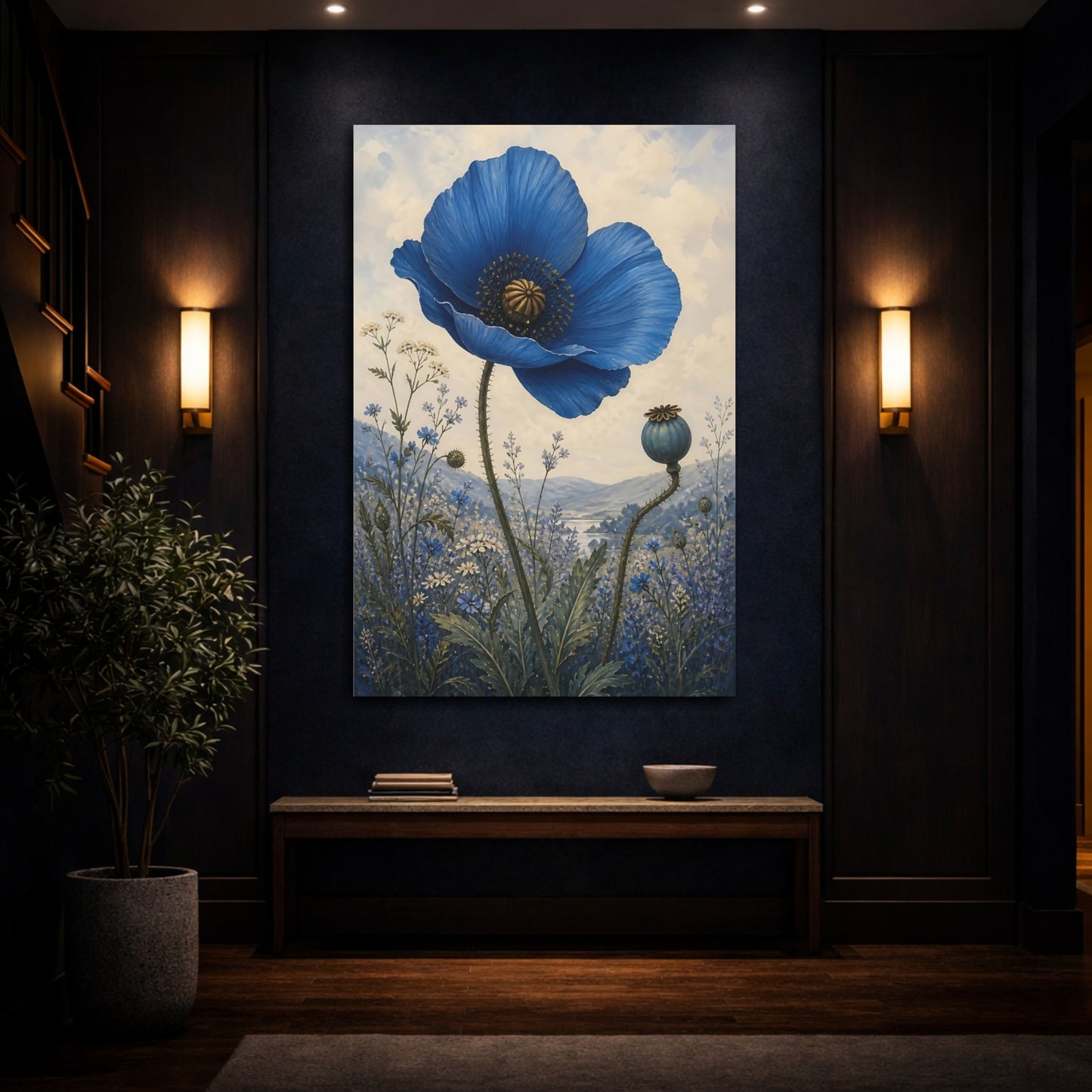 Mockup 4. Single Blue Poppy Flower shown as canvas print