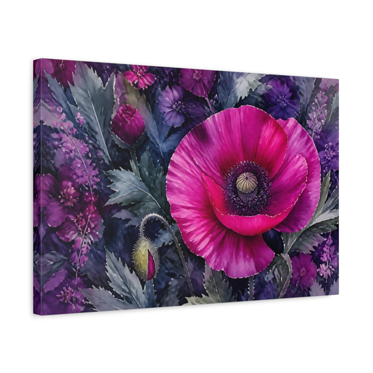 Side Mockup 3. Single Magenta Poppy shown as canvas print