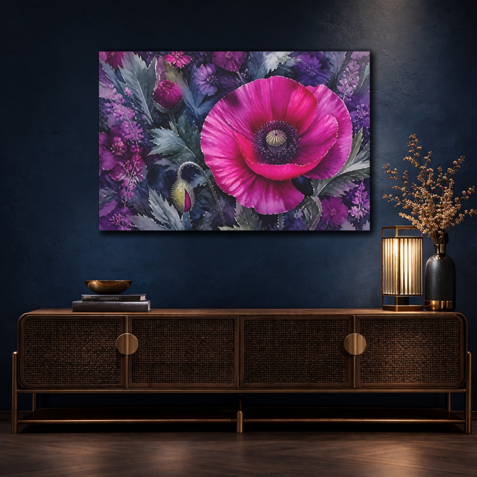 Mockup 4. Single Magenta Poppy shown as canvas print