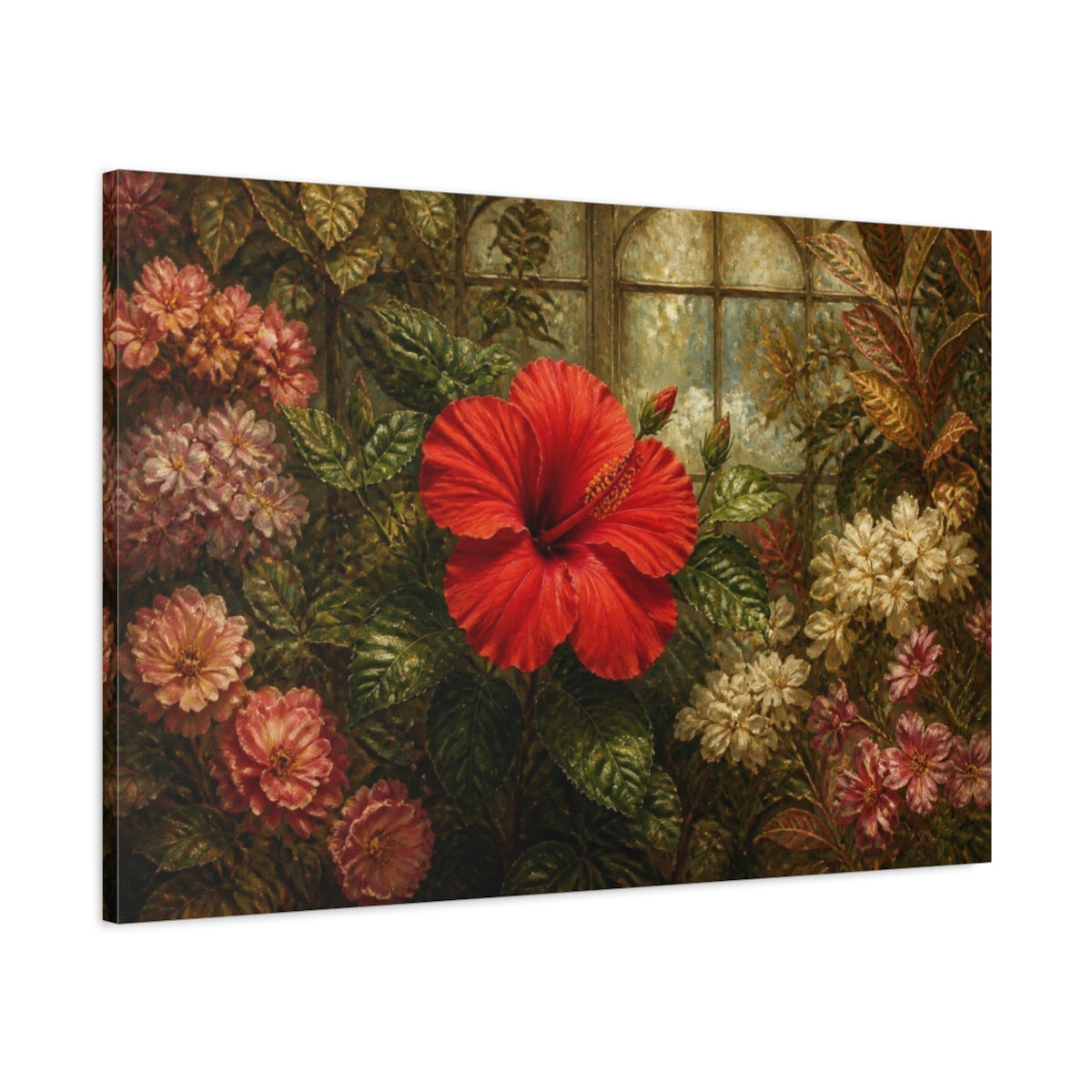 Main Mockup. Single Scarlet Hibiscus shown as canvas print