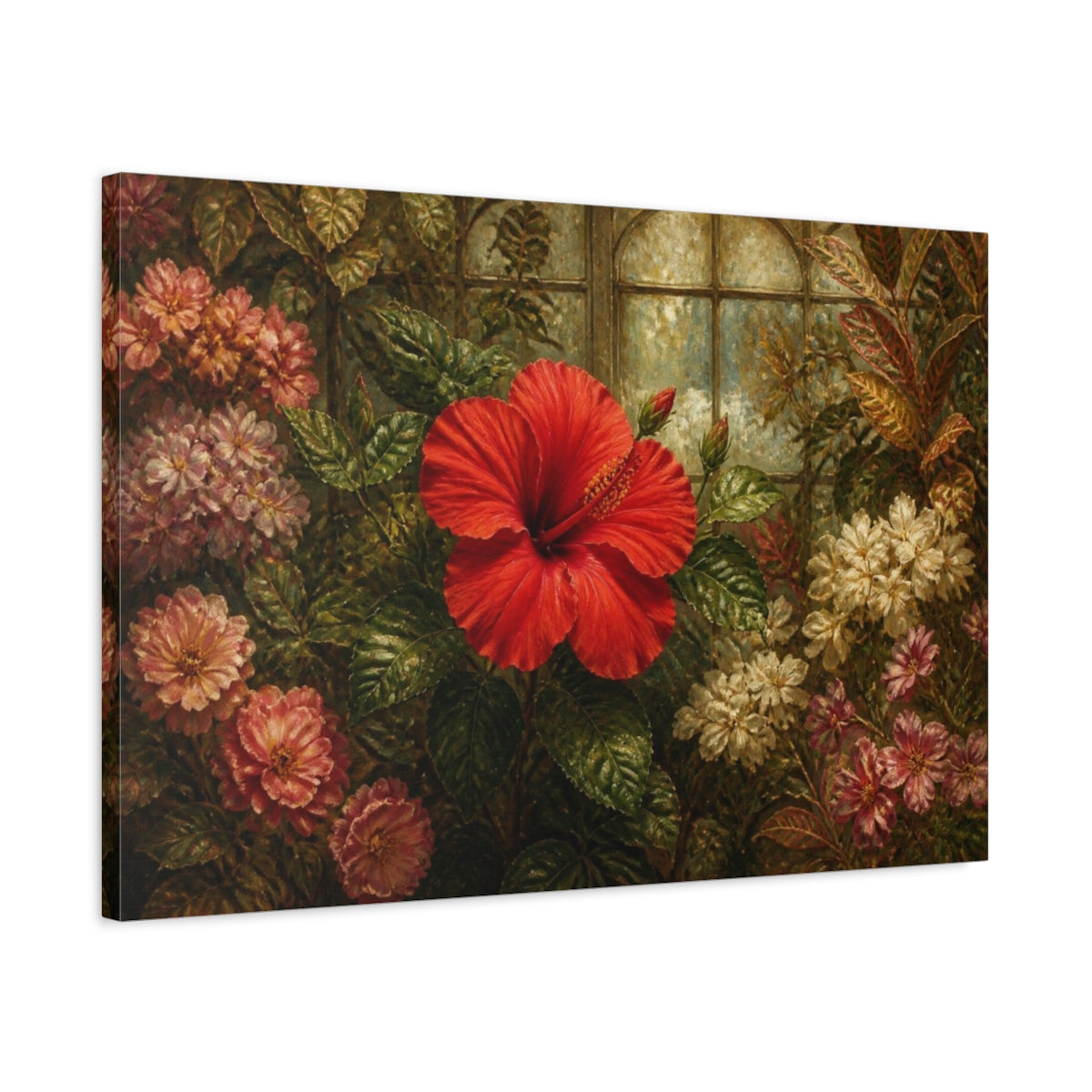 Side Mockup 2. Single Scarlet Hibiscus shown as canvas print