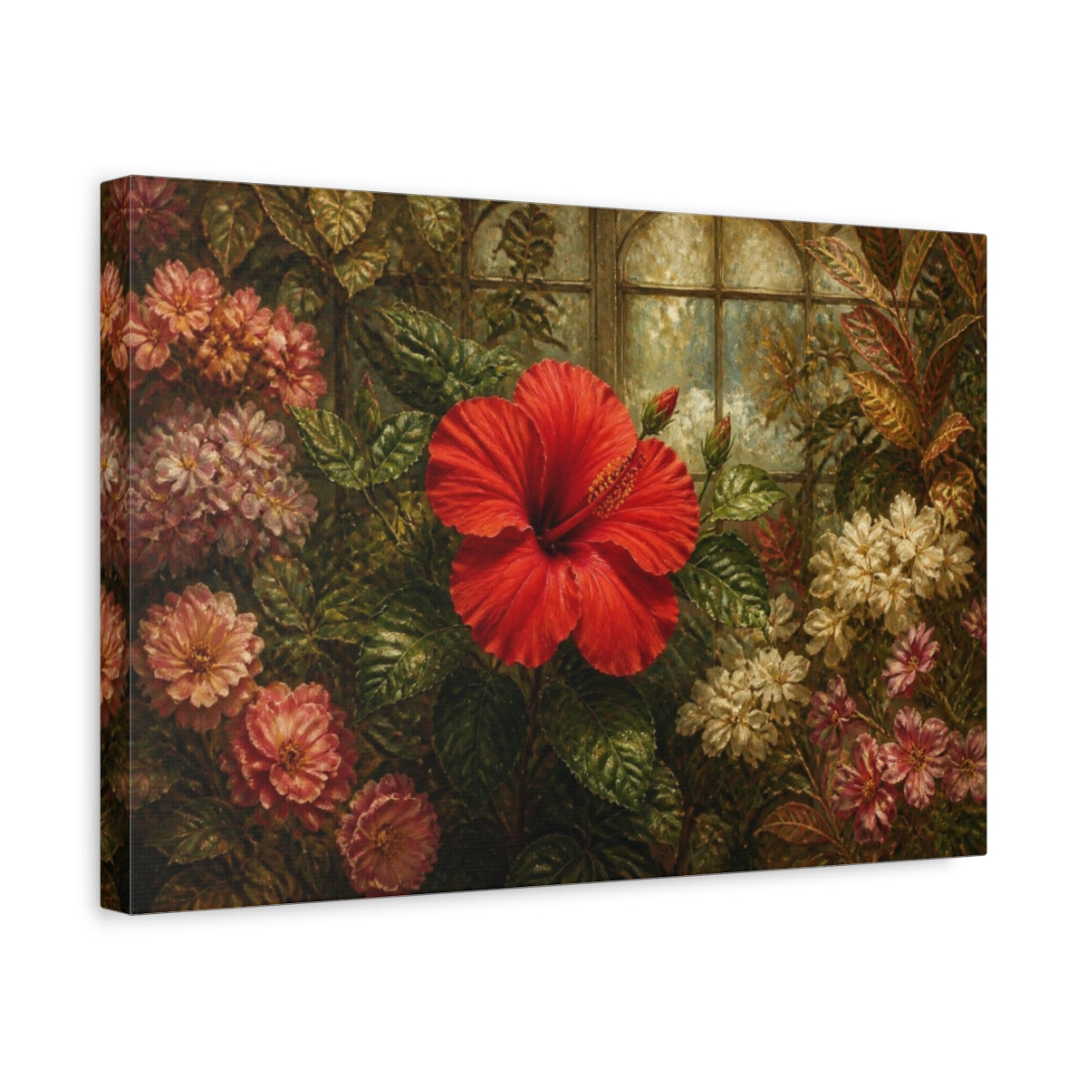 Side Mockup 4. Single Scarlet Hibiscus shown as canvas print