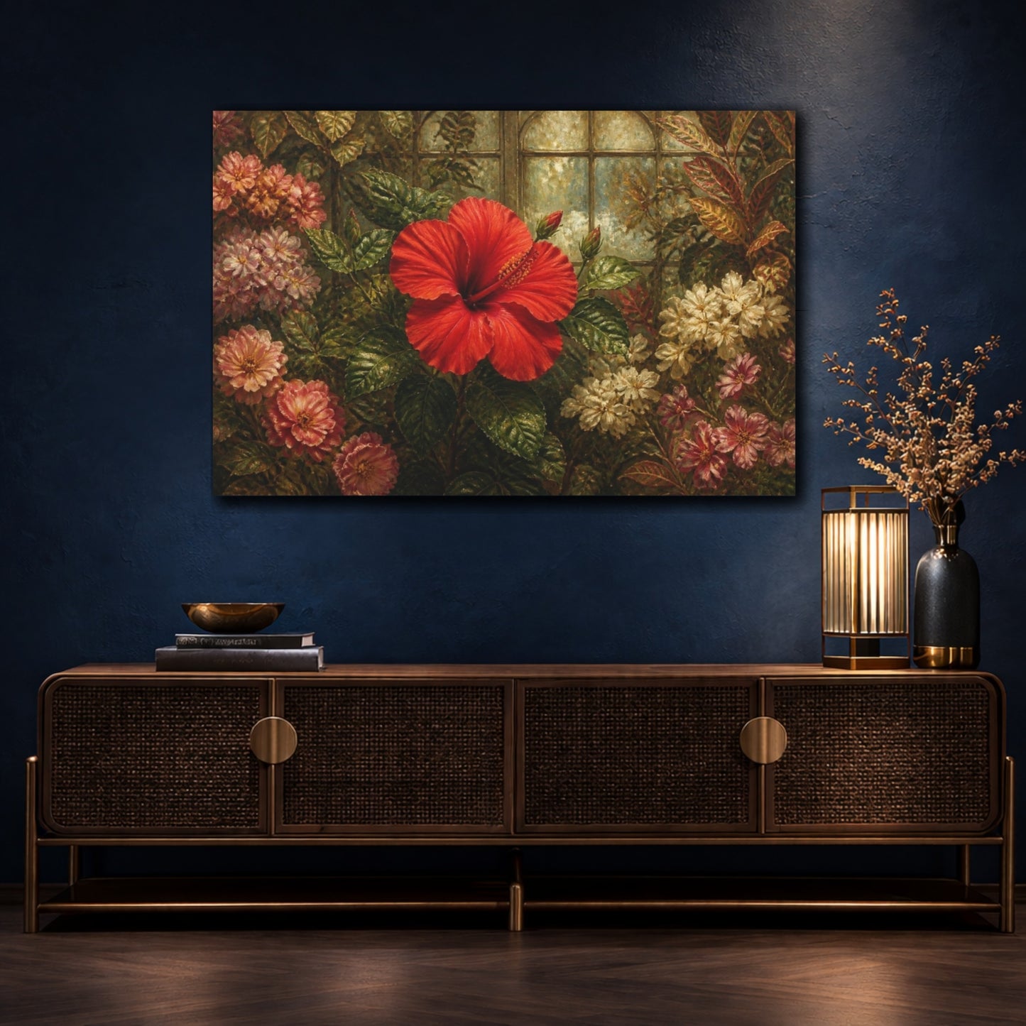 Mockup 4. Single Scarlet Hibiscus shown as canvas print
