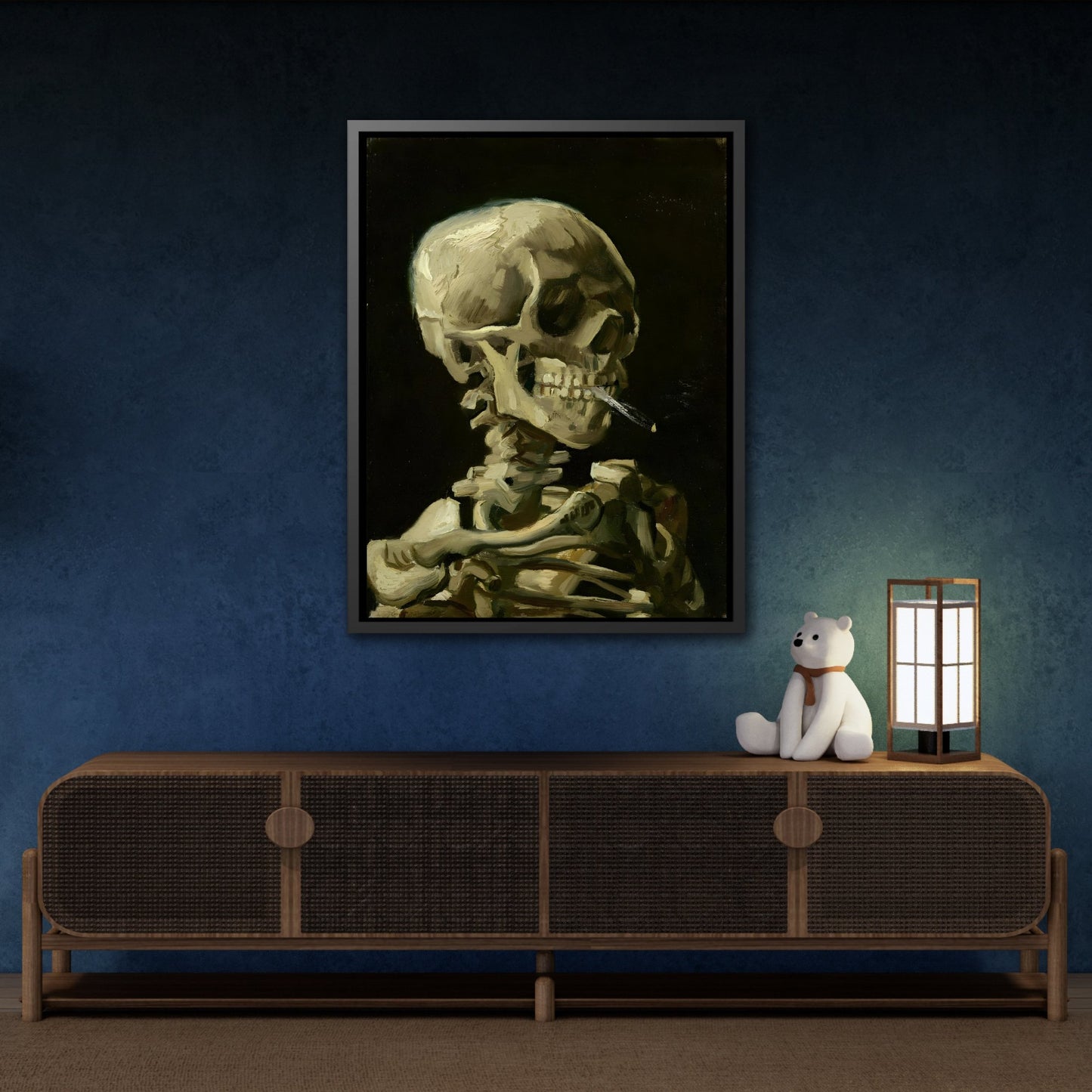 Skull of a Skeleton with Burning Cigarette - Famous Framed Canvas Van Gogh Wall Art Print in Exclusive Frame