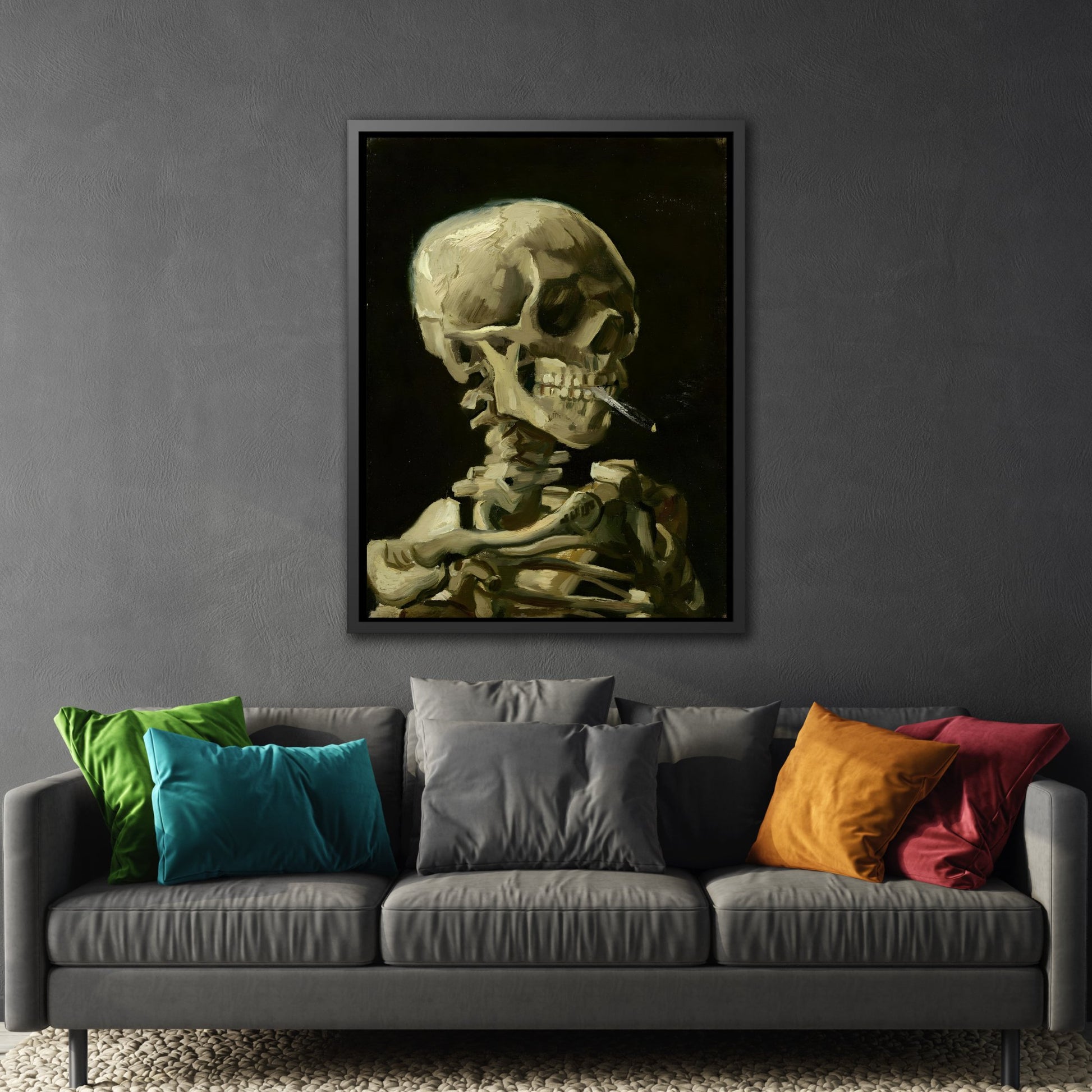 Skull of a Skeleton with Burning Cigarette - Famous Framed Canvas Van Gogh Wall Art Print in Exclusive Frame