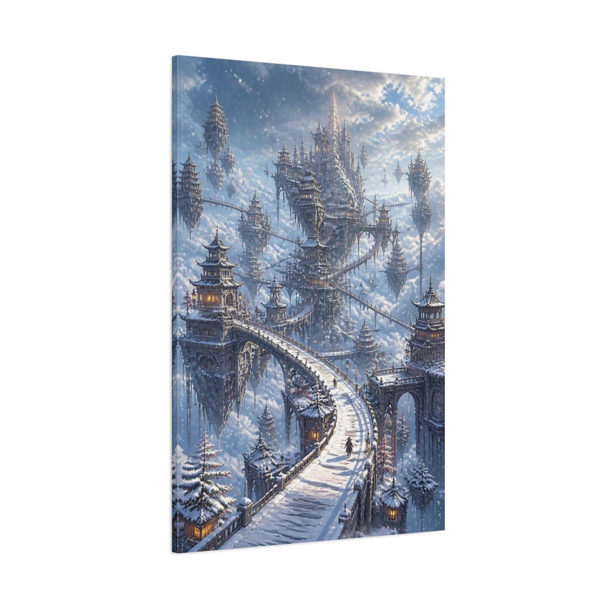 Side Mockup 1. Sky Castle Winter Bridge shown as canvas print