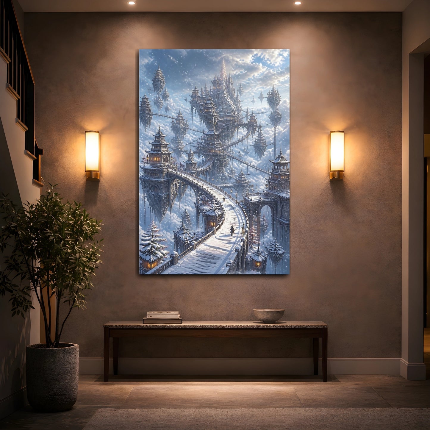 Mockup 2. Sky Castle Winter Bridge shown as canvas print