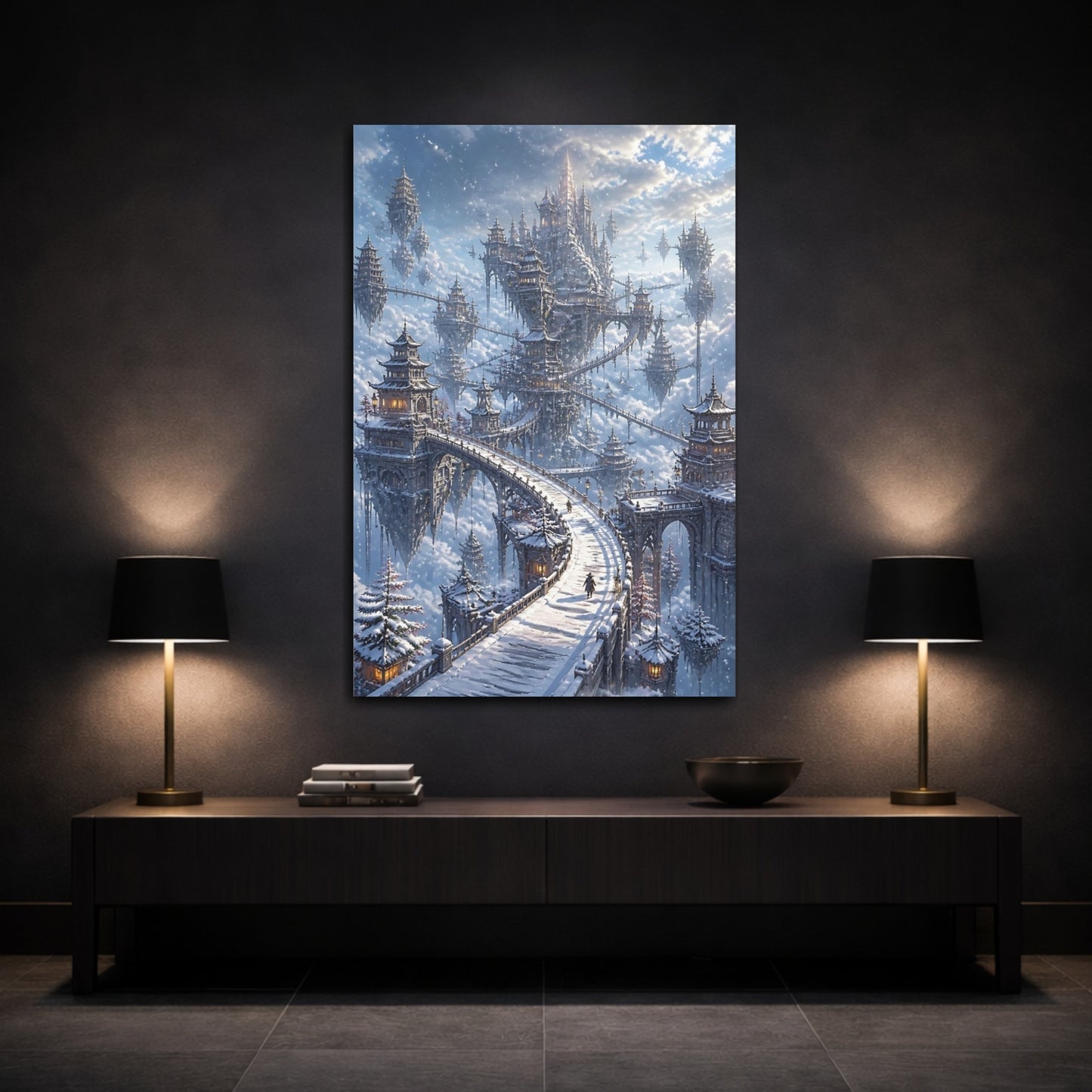 Mockup 3. Sky Castle Winter Bridge shown as canvas print