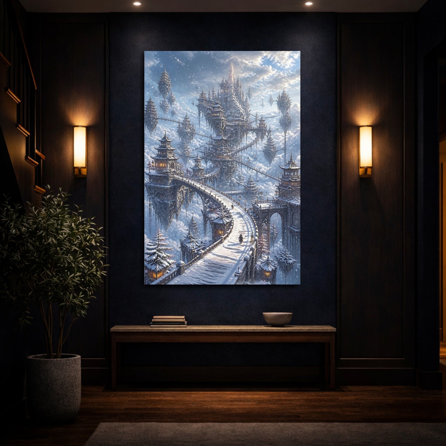Mockup 4. Sky Castle Winter Bridge shown as canvas print