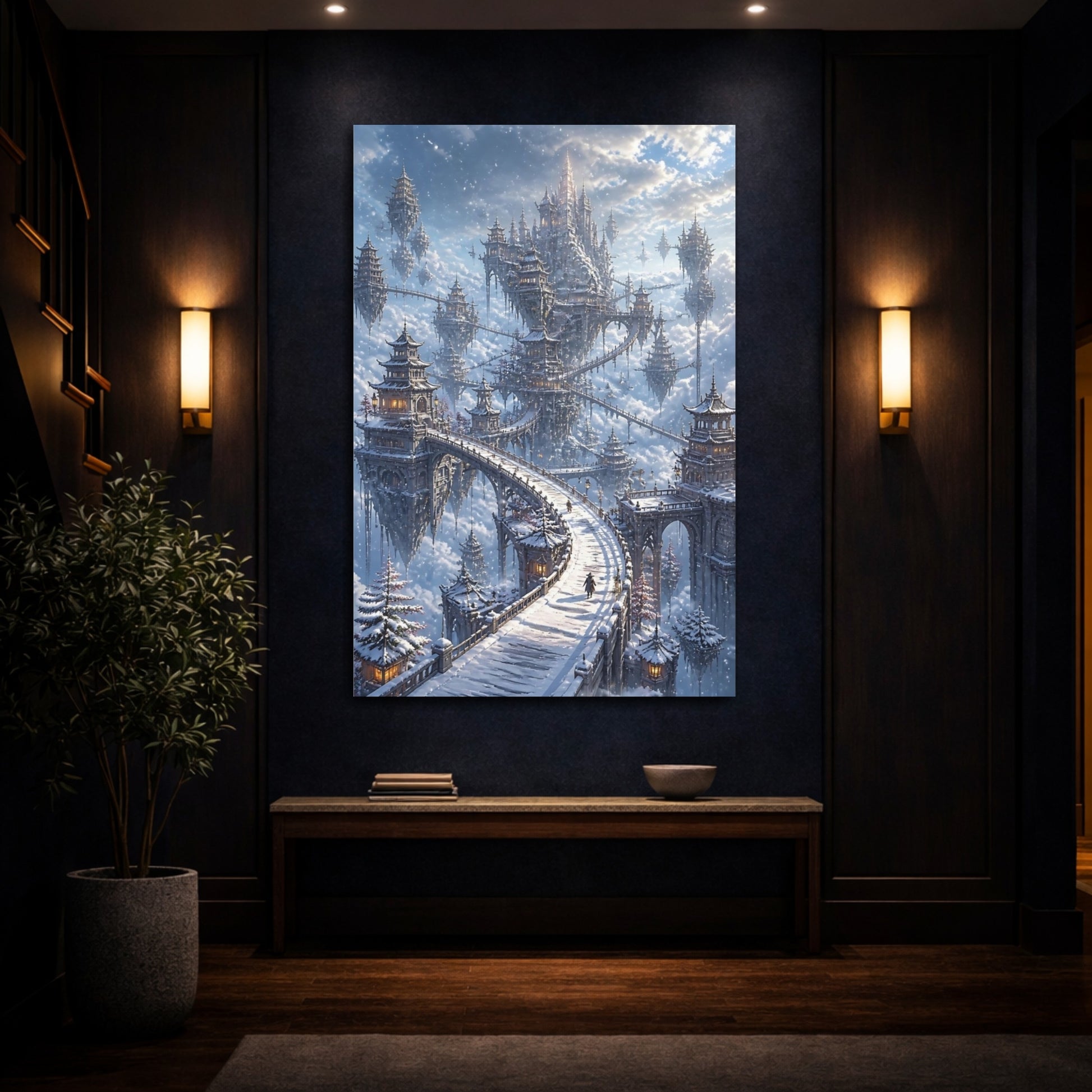 Mockup 4. Sky Castle Winter Bridge shown as canvas print