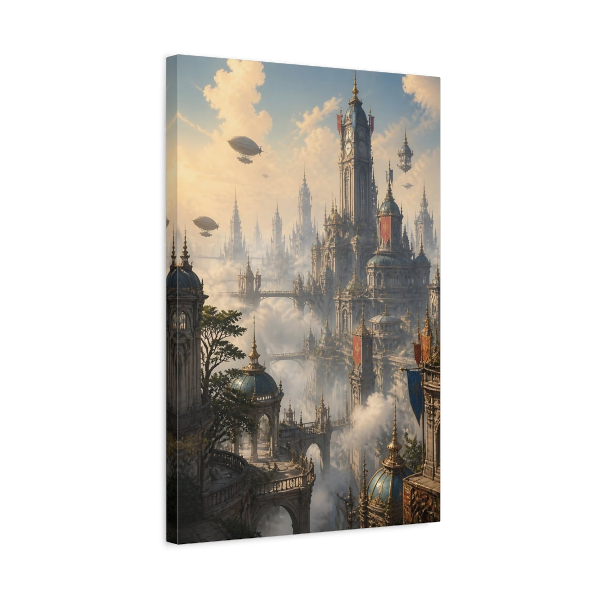 Side Mockup 3. Sky City At Dawn shown as canvas print