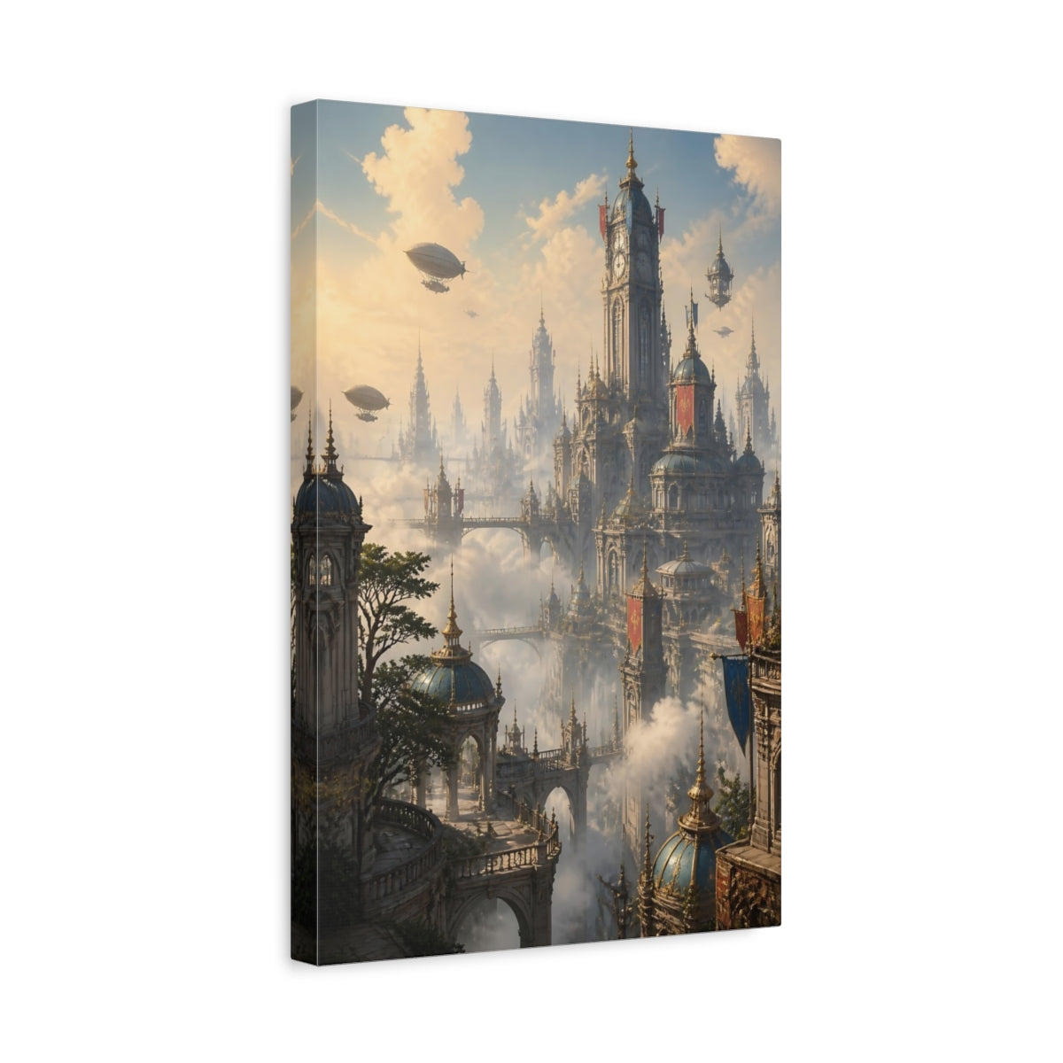Side Mockup 4. Sky City At Dawn shown as canvas print