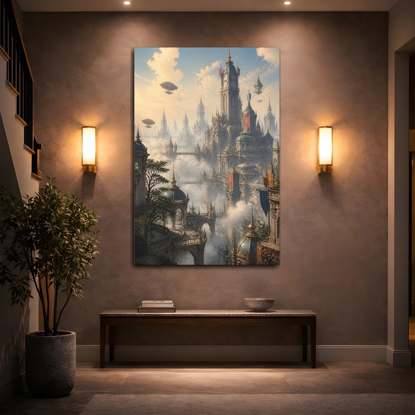Mockup 2. Sky City At Dawn shown as canvas print