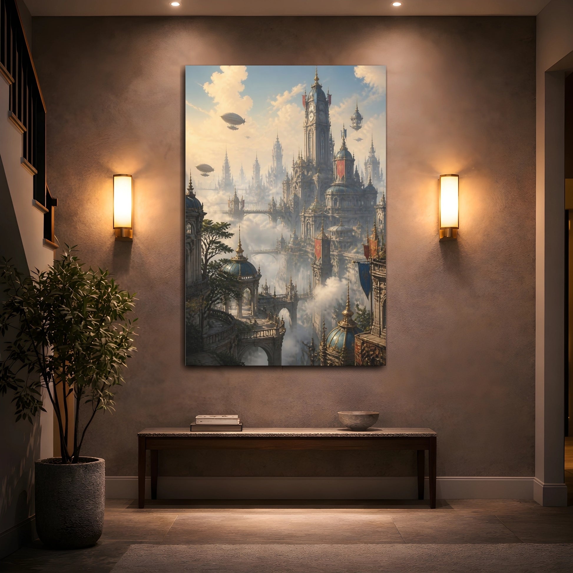 Mockup 2. Sky City At Dawn shown as canvas print