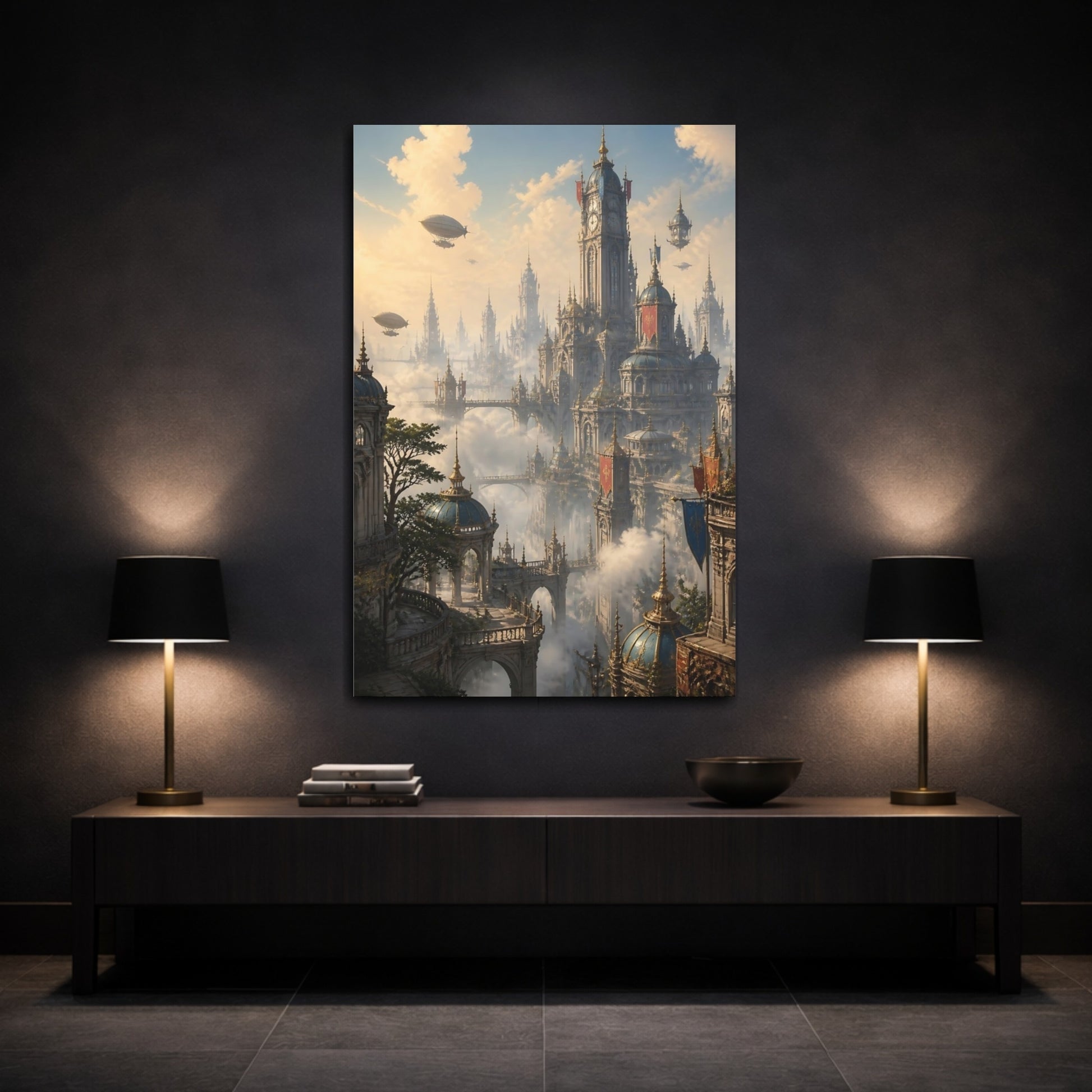 Mockup 3. Sky City At Dawn shown as canvas print