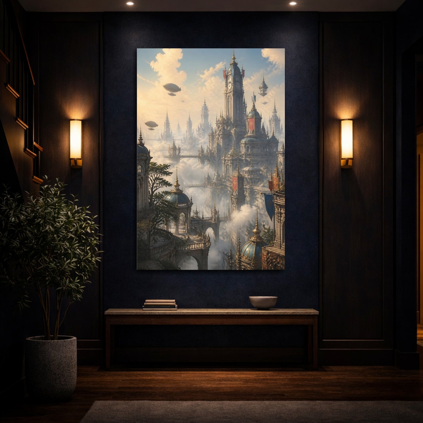 Mockup 4. Sky City At Dawn shown as canvas print