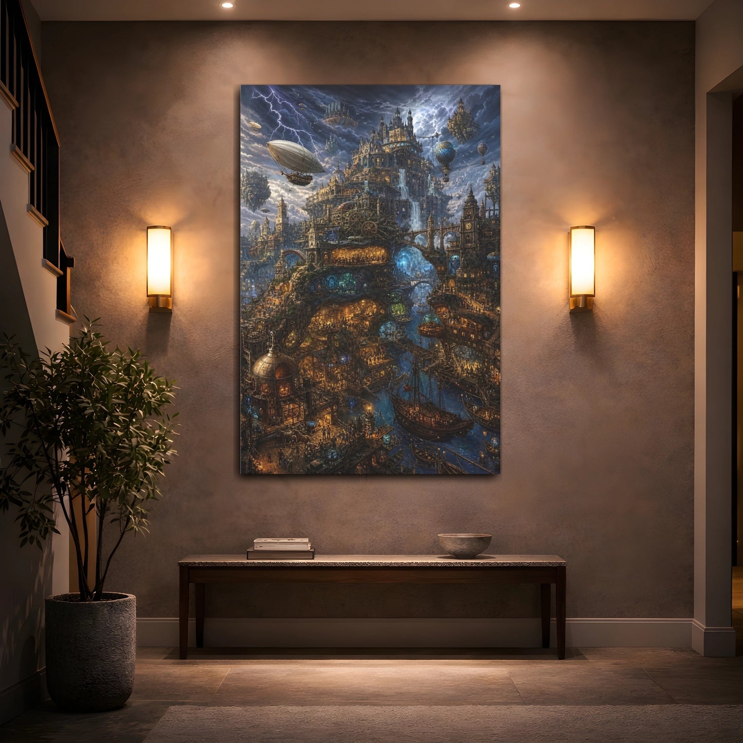 Mockup 2. Skyborne Steampunk City shown as canvas print