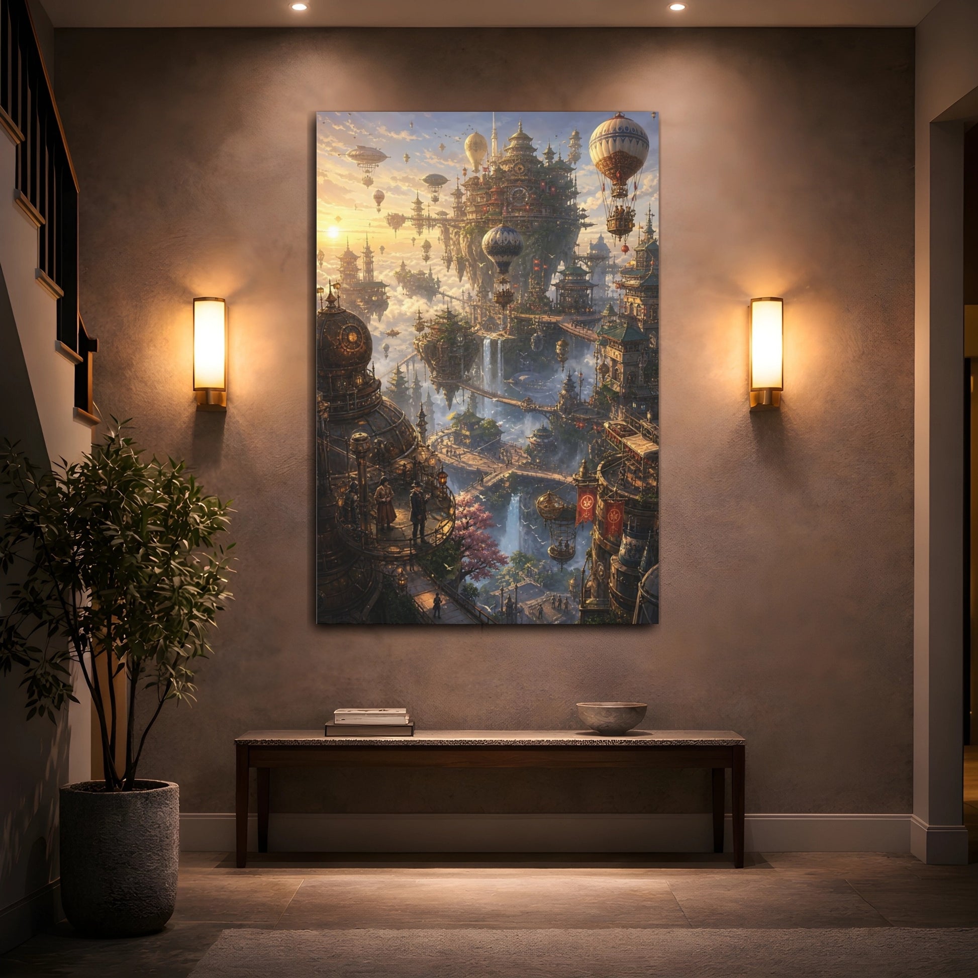 Mockup 2. Skyborne Steampunk City shown as canvas print