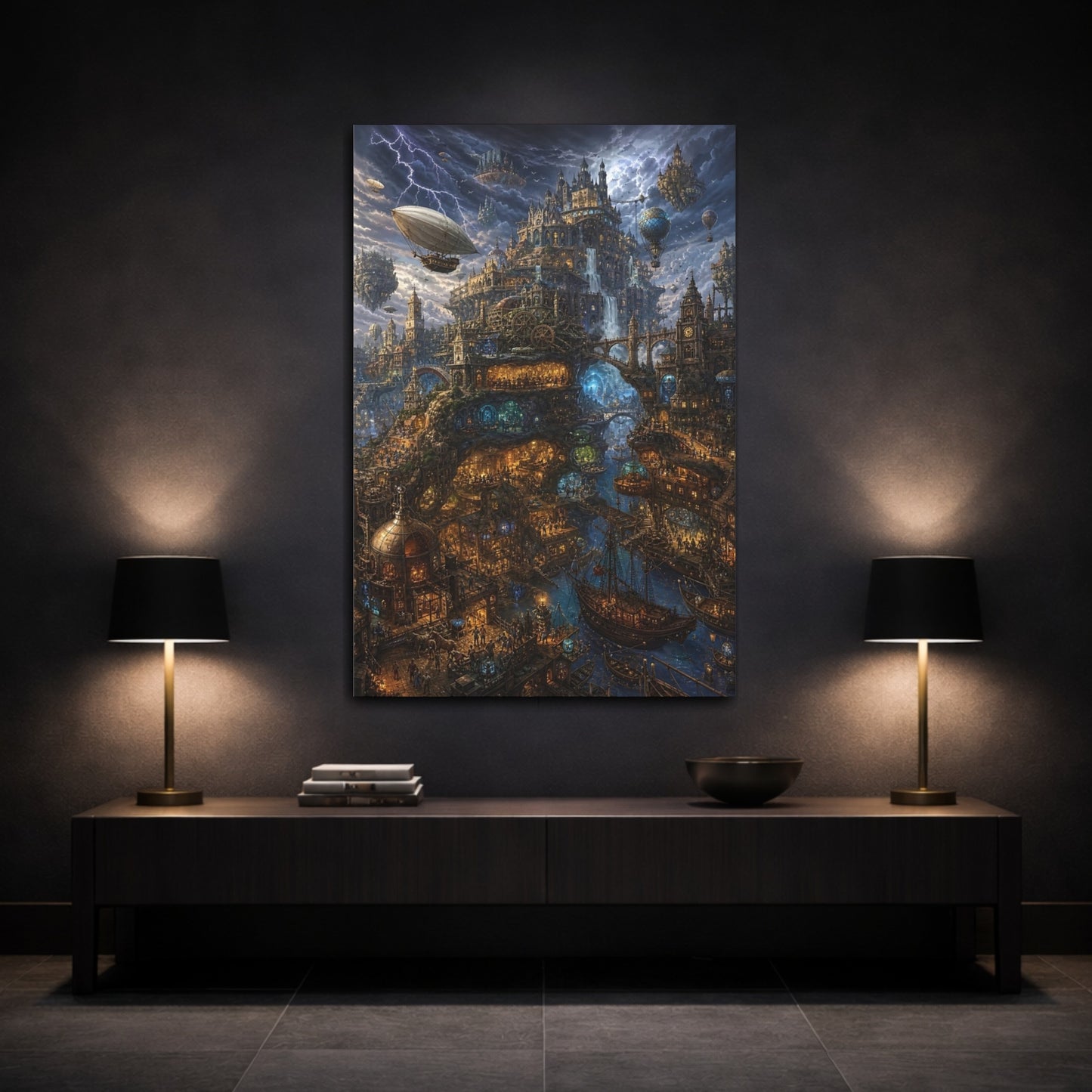 Mockup 3. Skyborne Steampunk City shown as canvas print